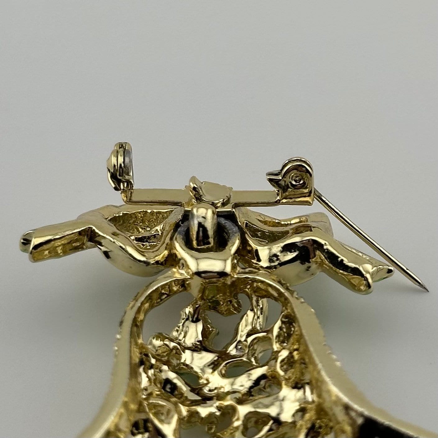 Vintage Christmas Bell Brooch, Gold Brass Enamel, Holly Leaves.