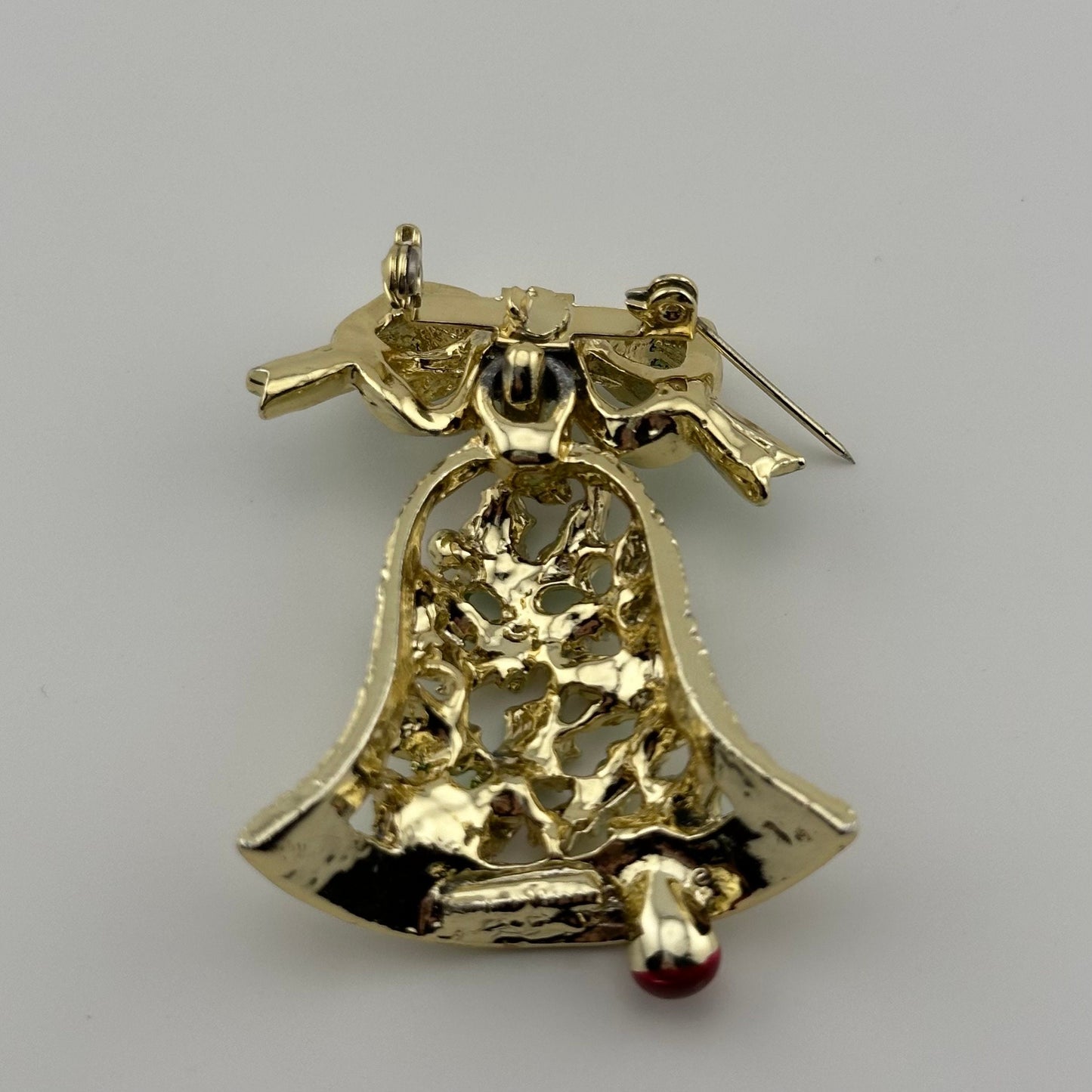 Vintage Christmas Bell Brooch, Gold Brass Enamel, Holly Leaves.