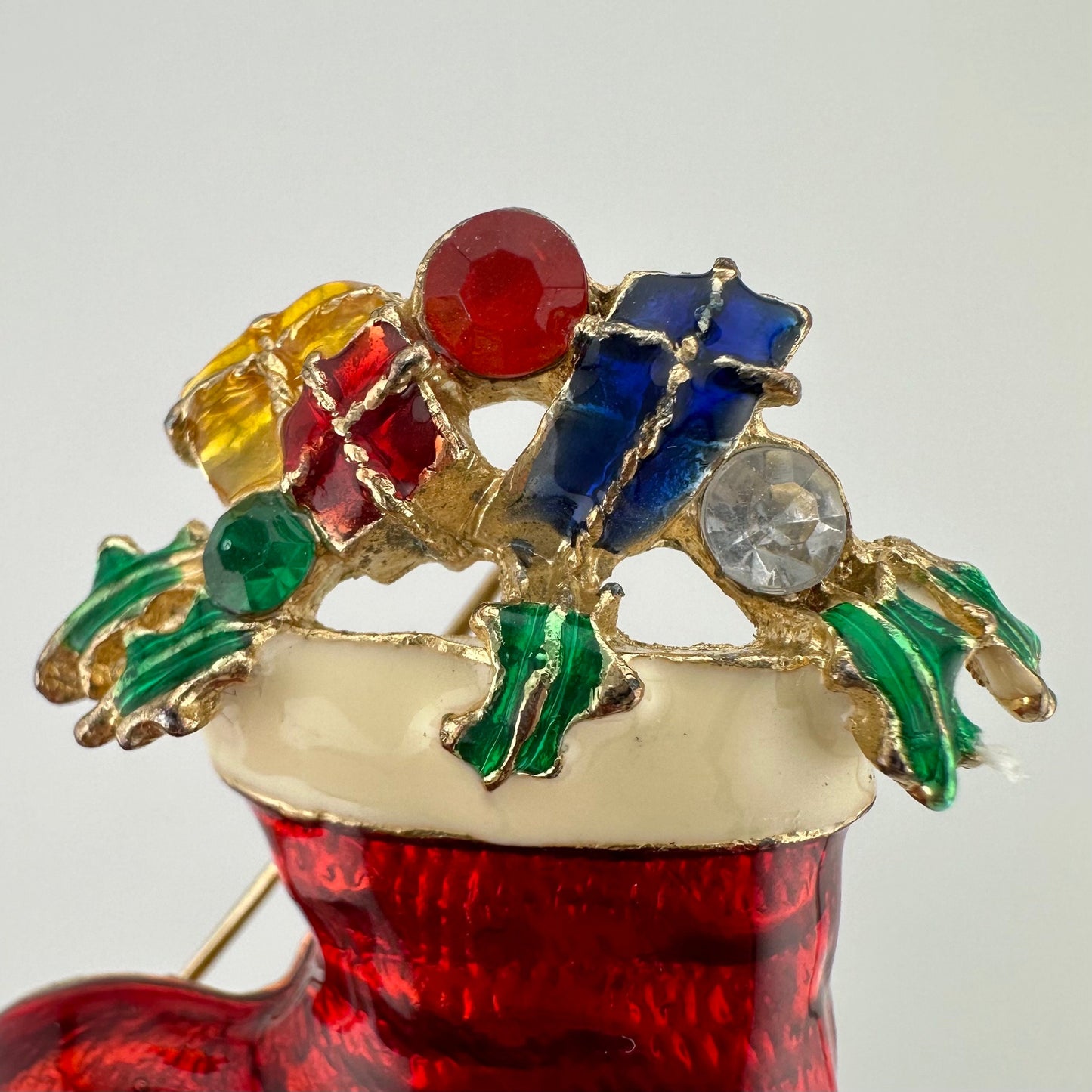 Vintage Christmas Boot Brooch in Red Enamel with Rhinestones.