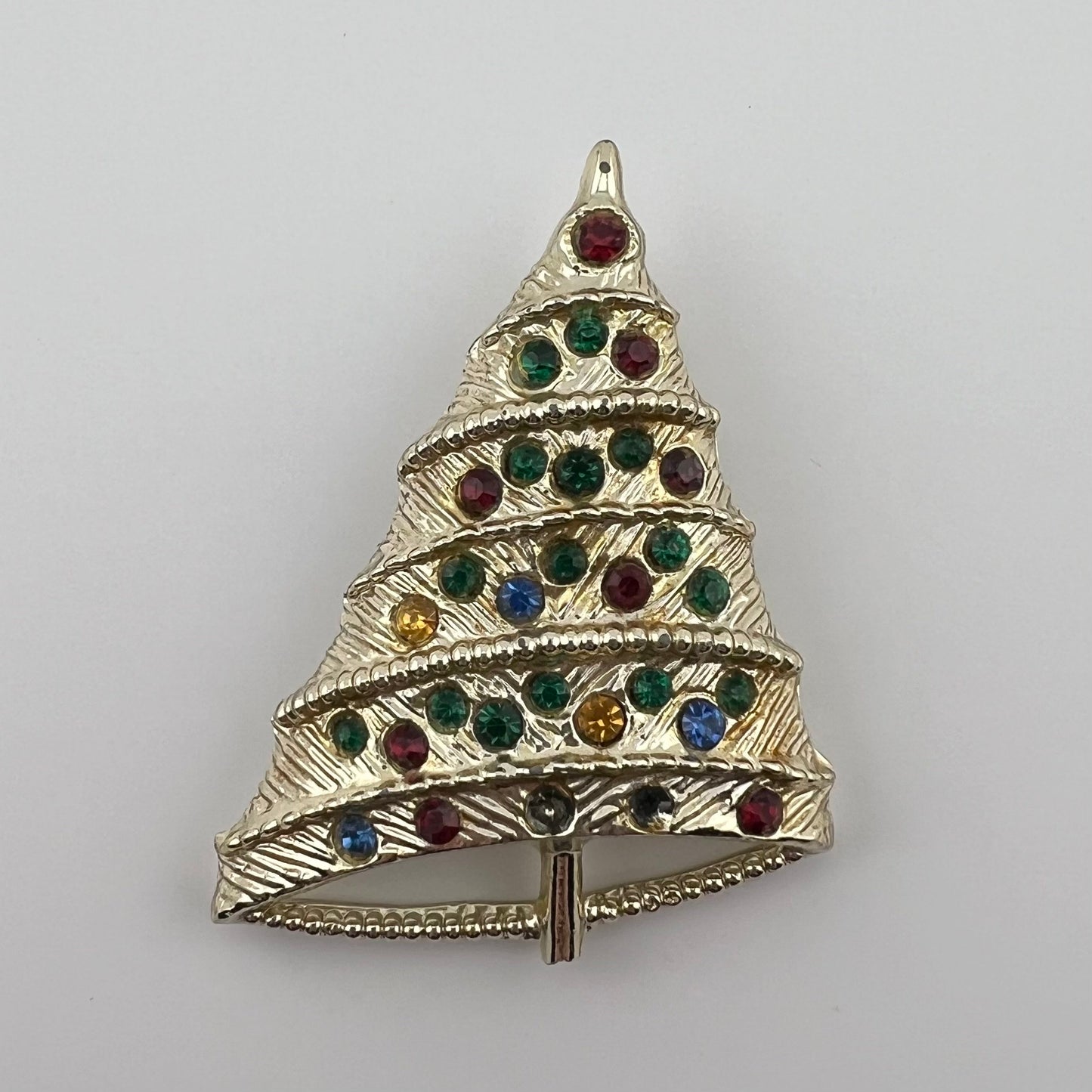 Vintage Brooch, Gold Tone Christmas Tree with Rhinestones, Signed BJ Beatrix