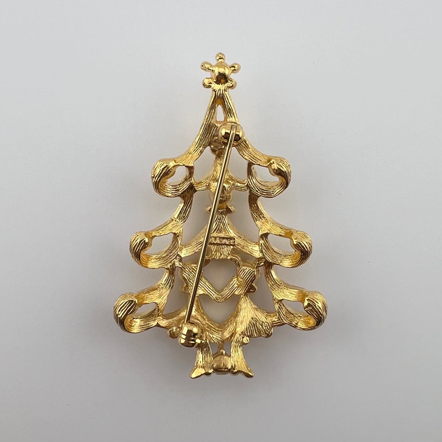 Vintage Brooch, Christmas Tree, Gold Tone, Rhinestone, Signed Monet.