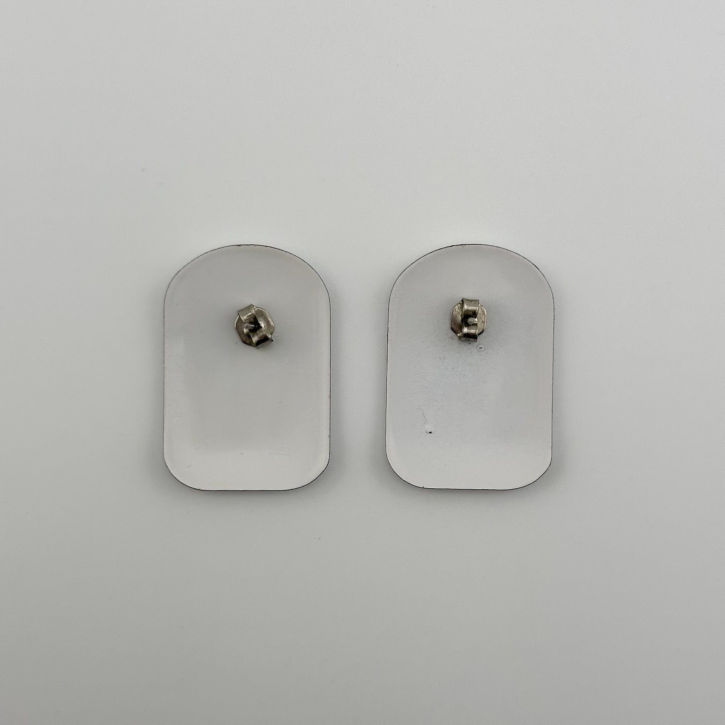 Vintage Metal Stud Earrings, White Rectangular Shaped with Rounded Top.