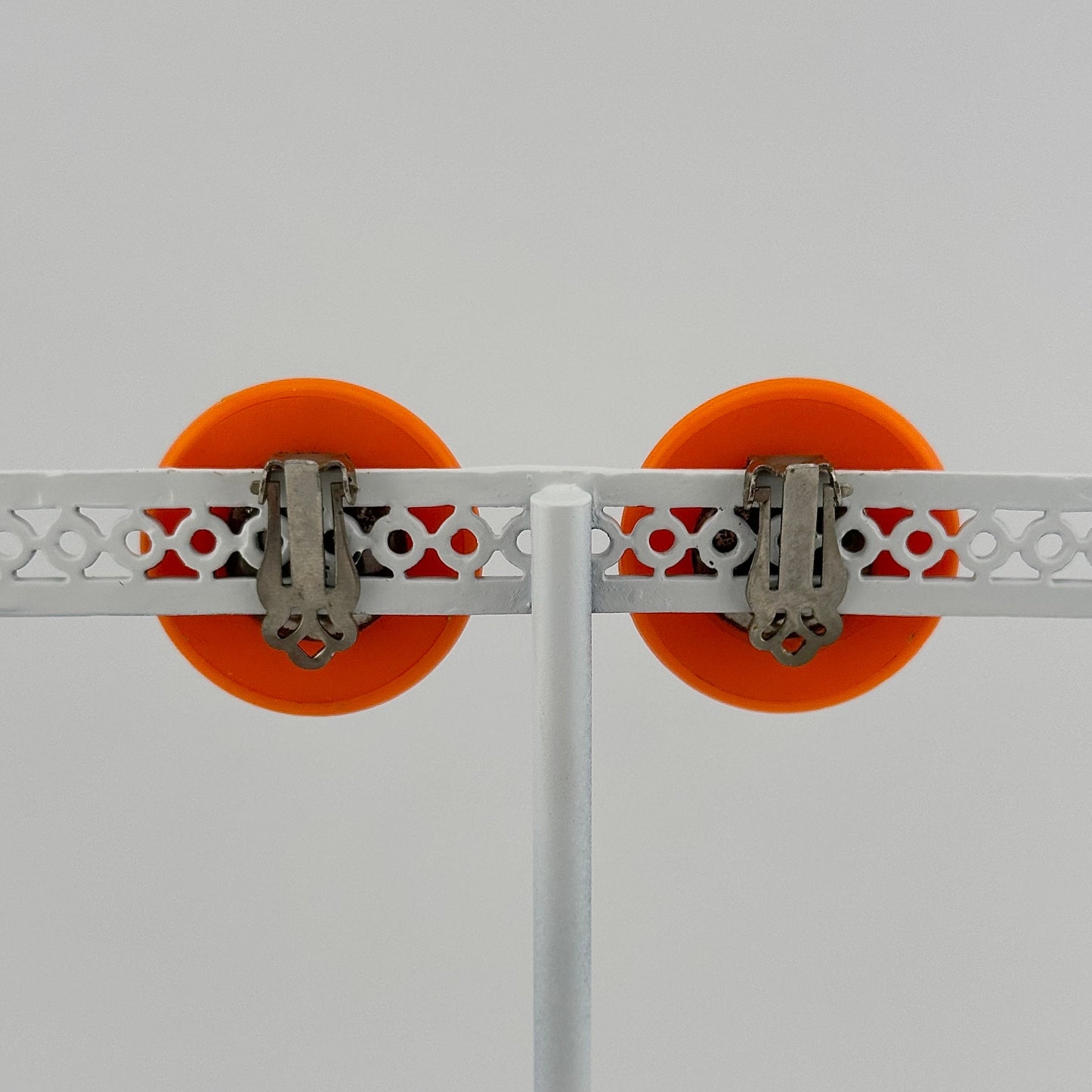 Vintage Clip-on Earrings, Neon Orange with Silver Back.