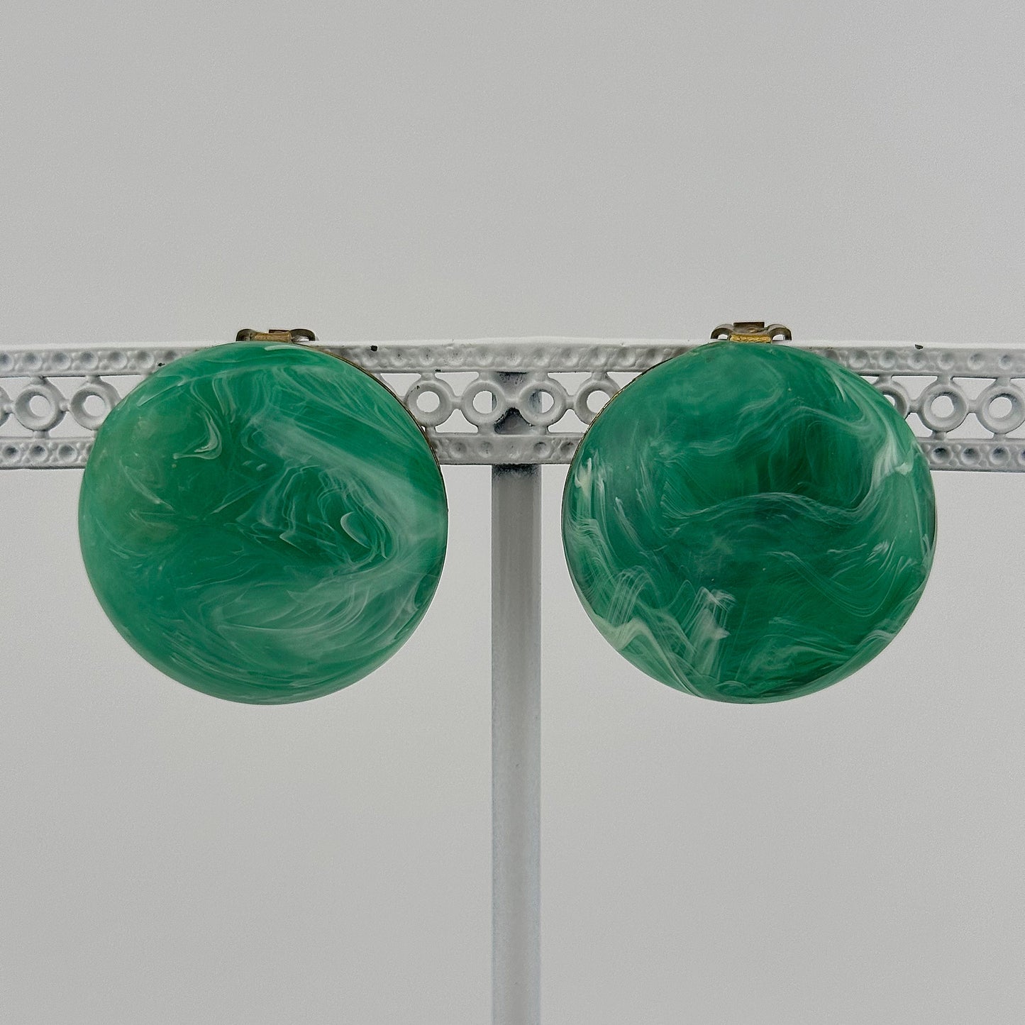 Vintage Plastic Clip-On Earrings, Green and White with Gold Back.