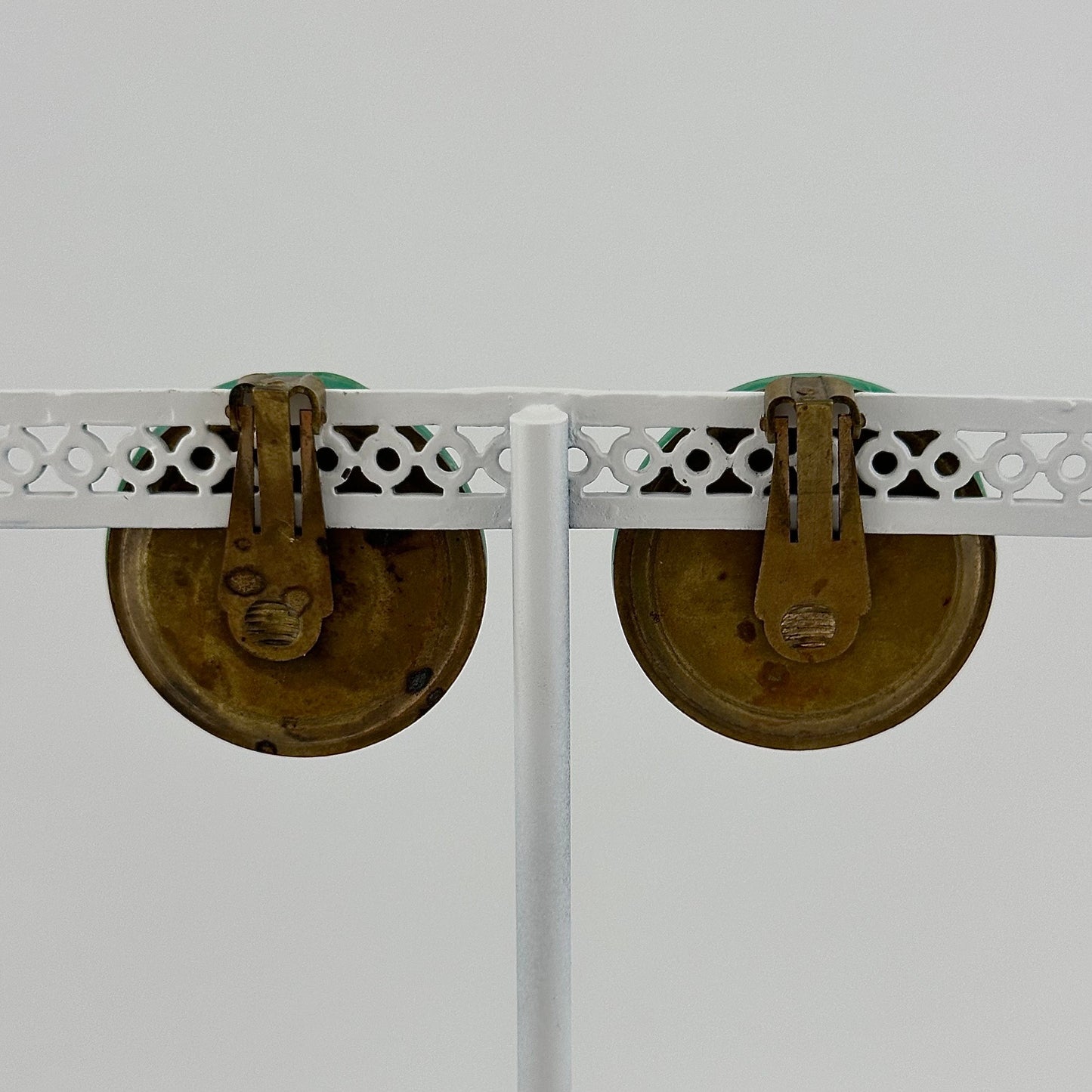 Vintage Plastic Clip-On Earrings, Green and White with Gold Back.
