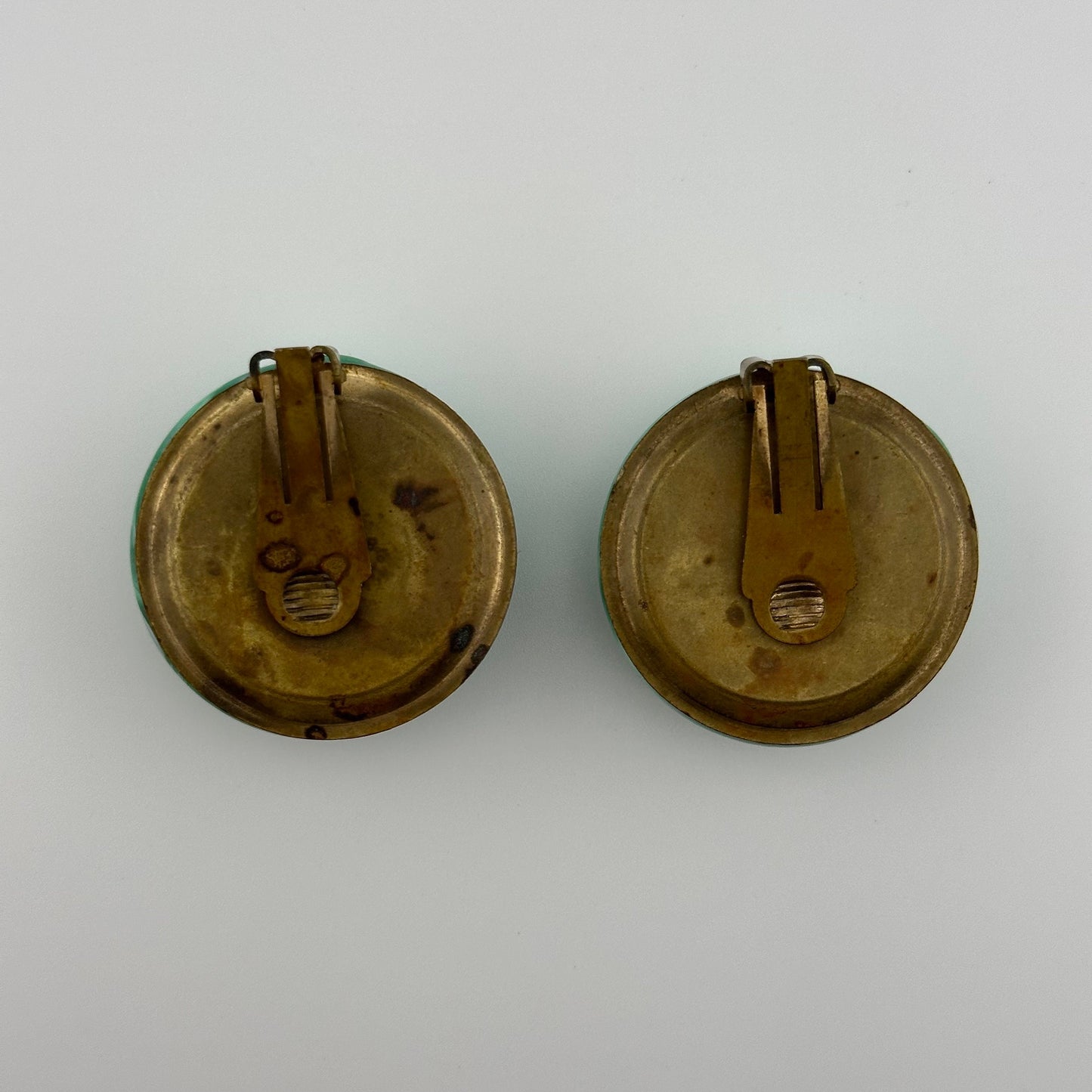 Vintage Plastic Clip-On Earrings, Green and White with Gold Back.