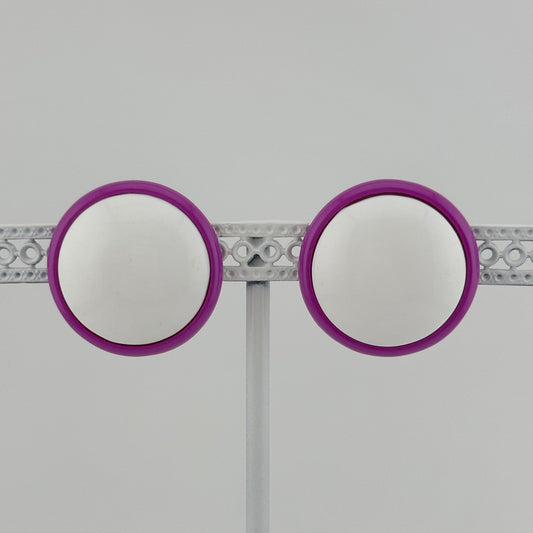 Vintage Earrings, Retro Purple and White Plastic Clip-ons with Gold Back.