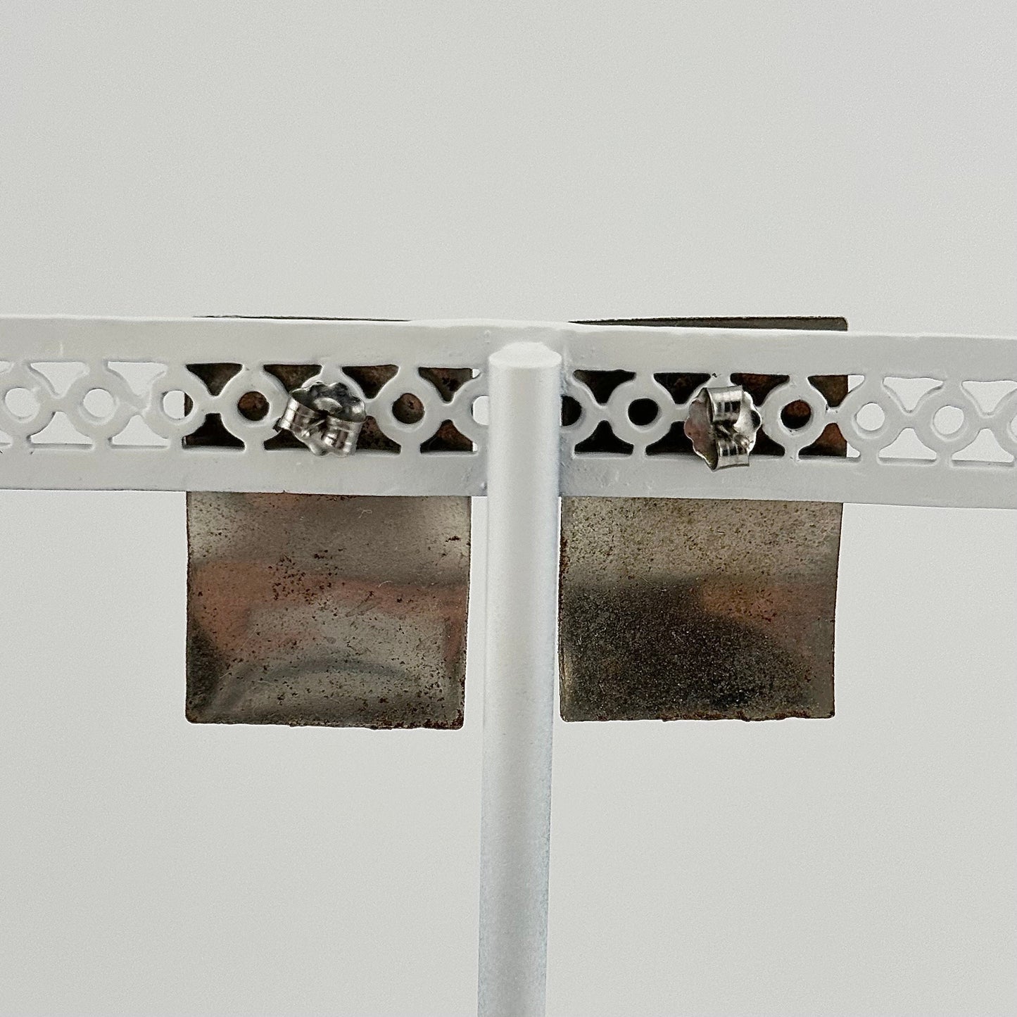 Vintage Metal Stud Earrings, White Wavy Rectangle Design.