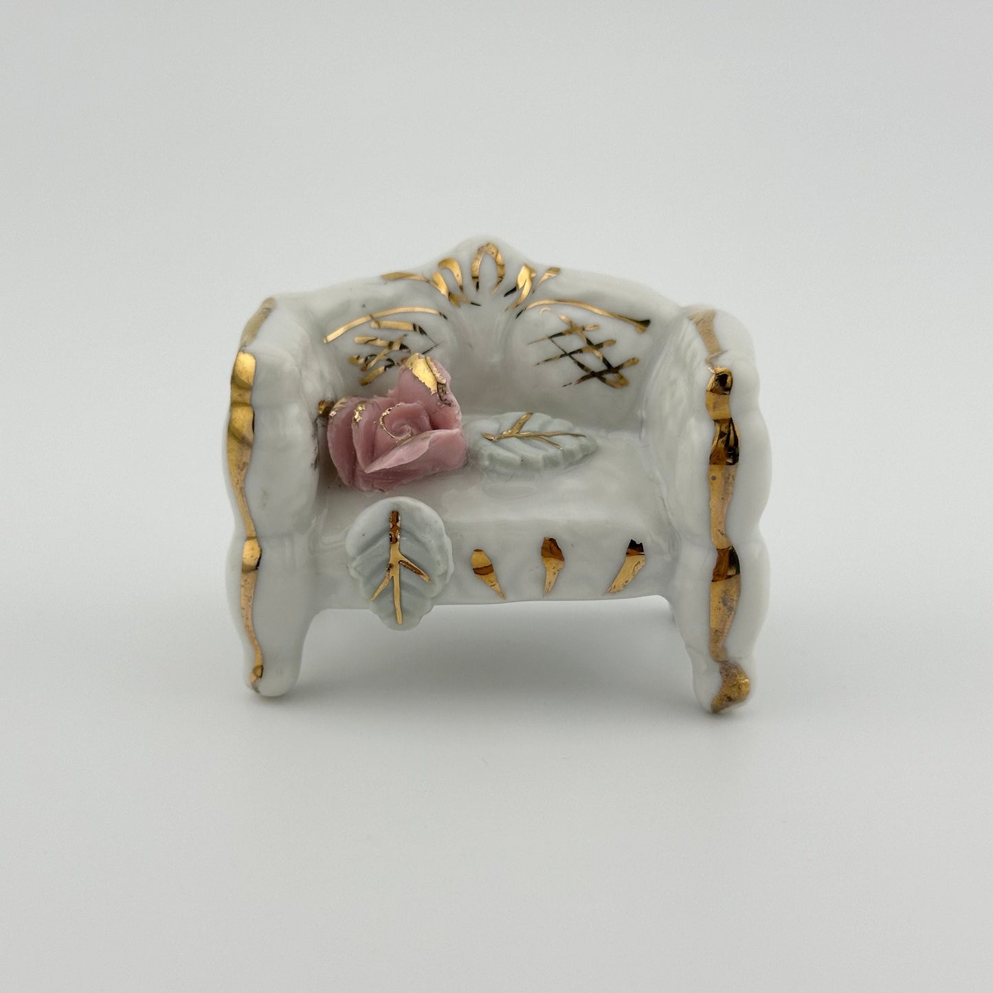 Vintage Miniatures, Porcelain Couch with Gold Accents and Pink Rose, Made in Japan.