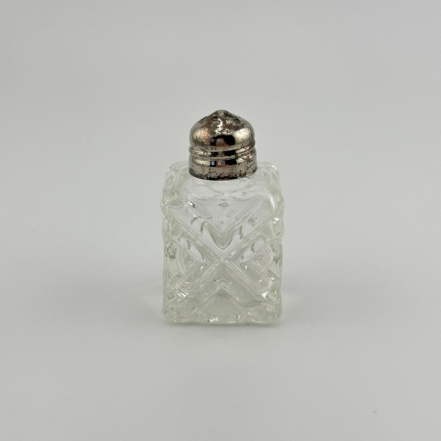 Vintage Salt and Pepper Shaker Set, Square Pressed Glass with Chrome Lid.