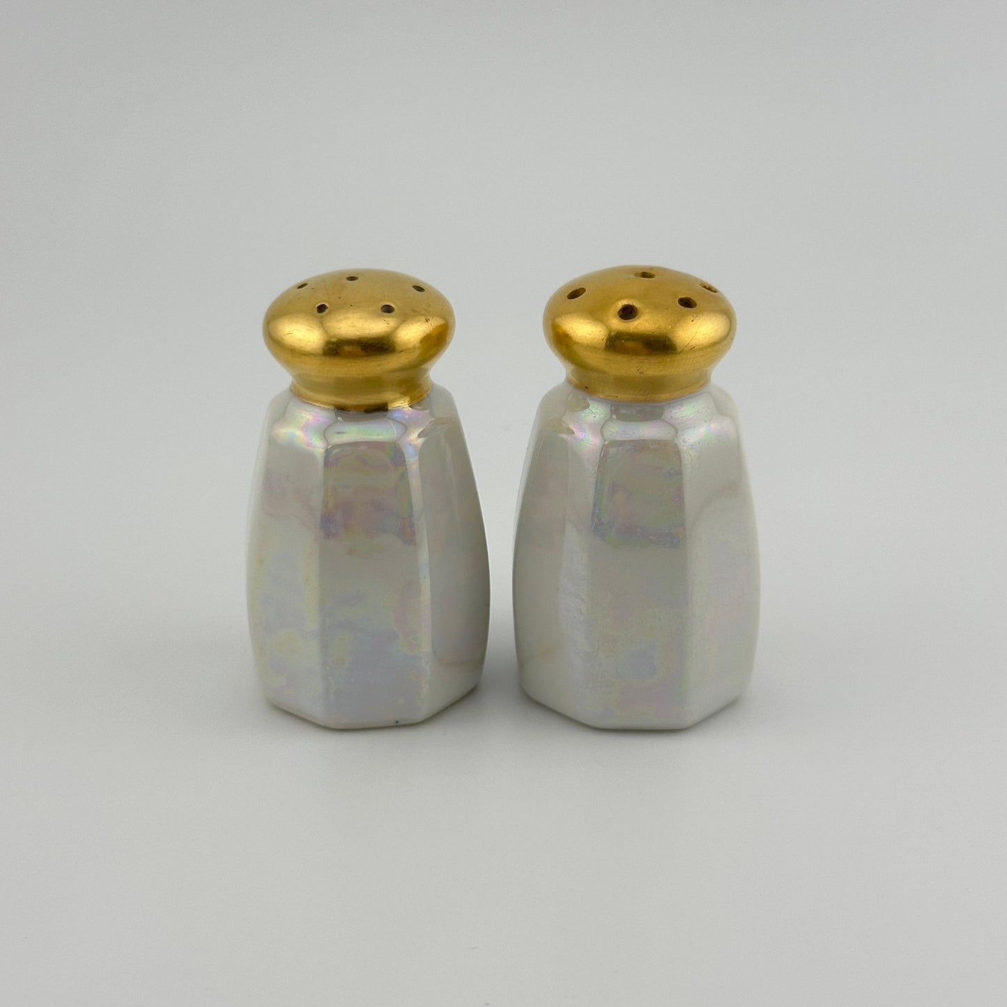 Vintage Salt and Pepper Shakers, Opalescent White with Gold Tops, Made in Japan.