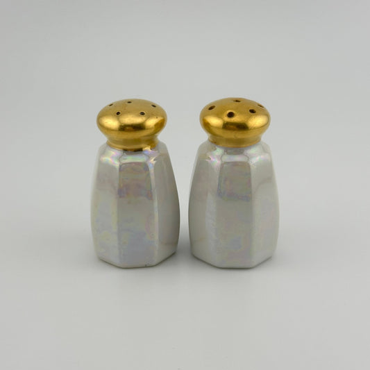 Vintage Salt and Pepper Shakers, Opalescent White with Gold Tops, Made in Japan.