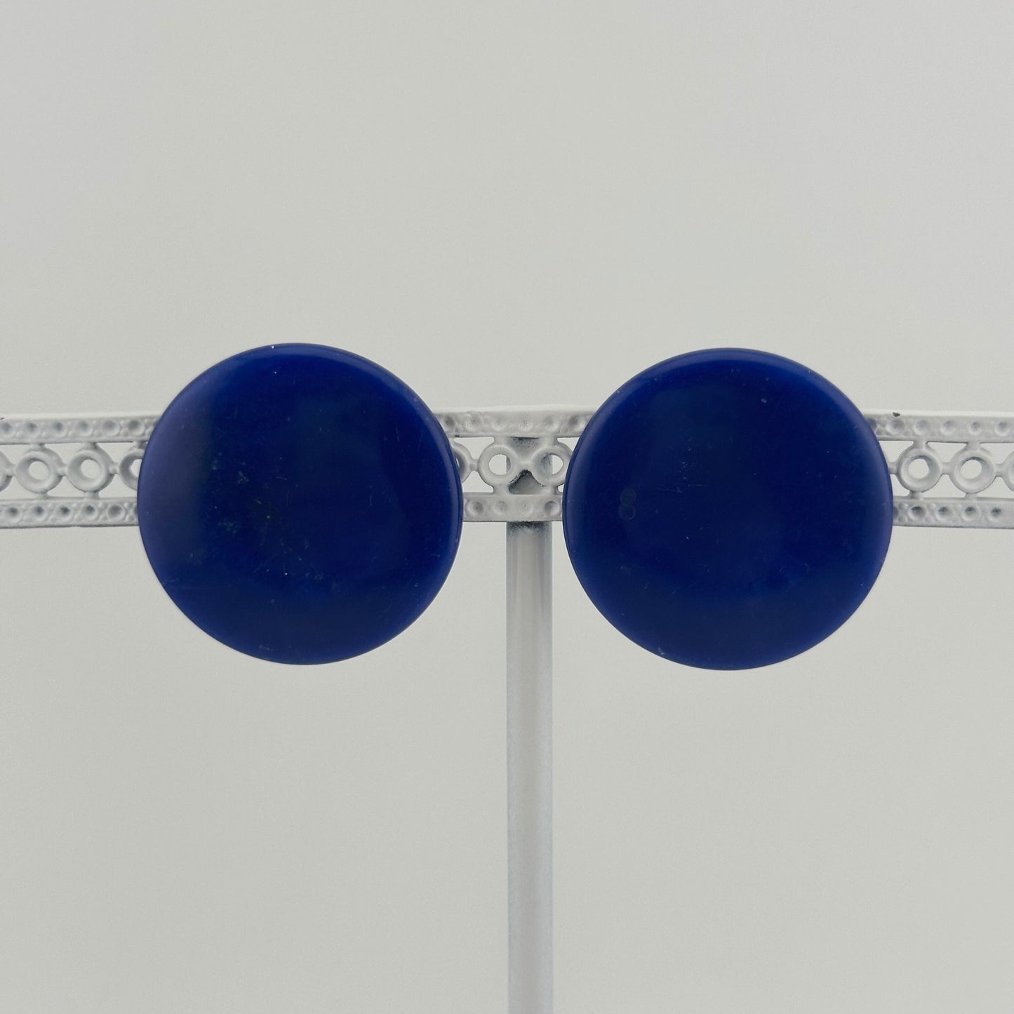 Vintage Plastic Clip-On Earrings, Dark Blue with Gold-Tone Back.