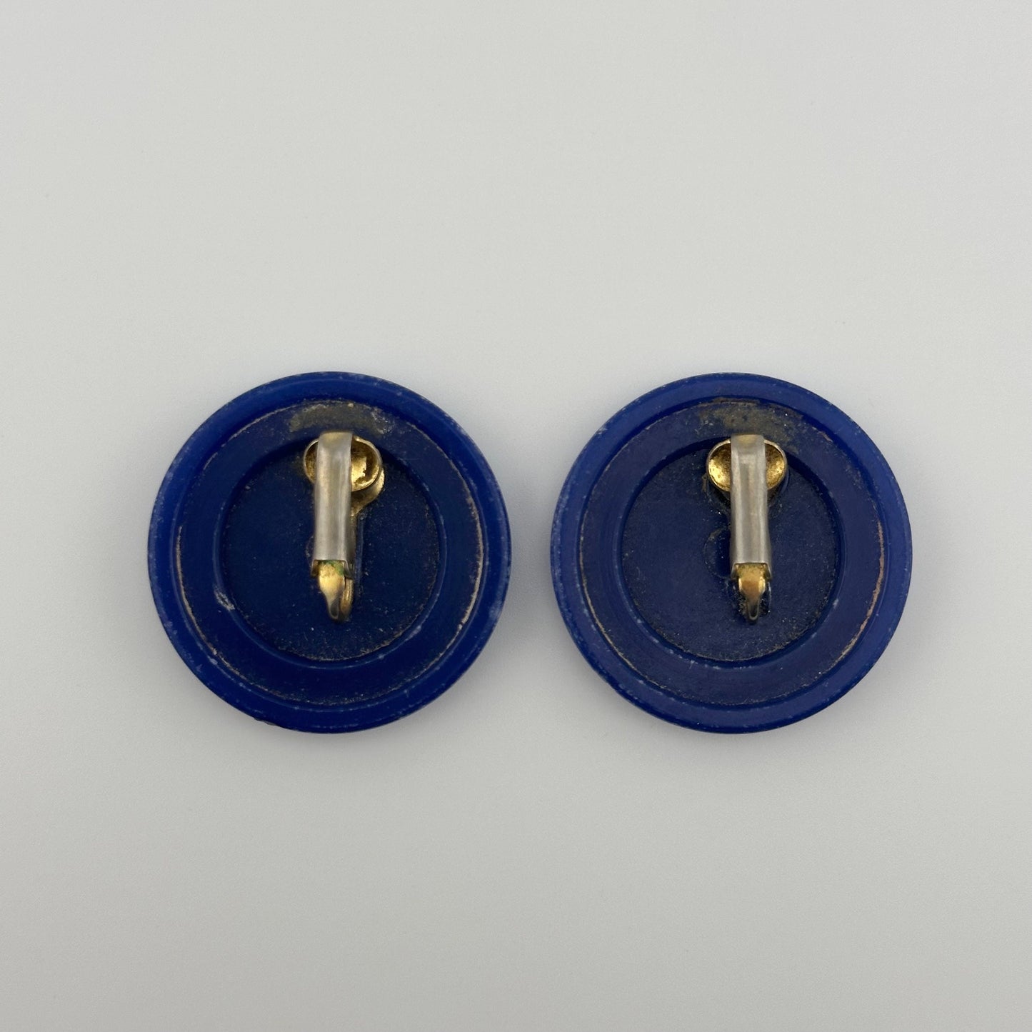 Vintage Plastic Clip-On Earrings, Dark Blue with Gold-Tone Back.