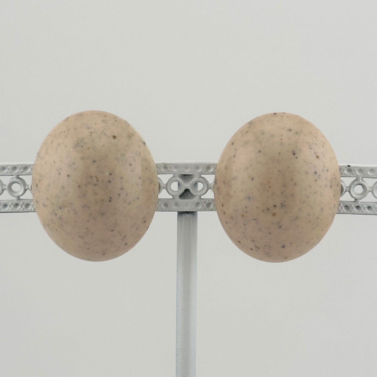 Vintage Plastic Earrings, Clip On With Screw Closure, Nude Speckled Oval.