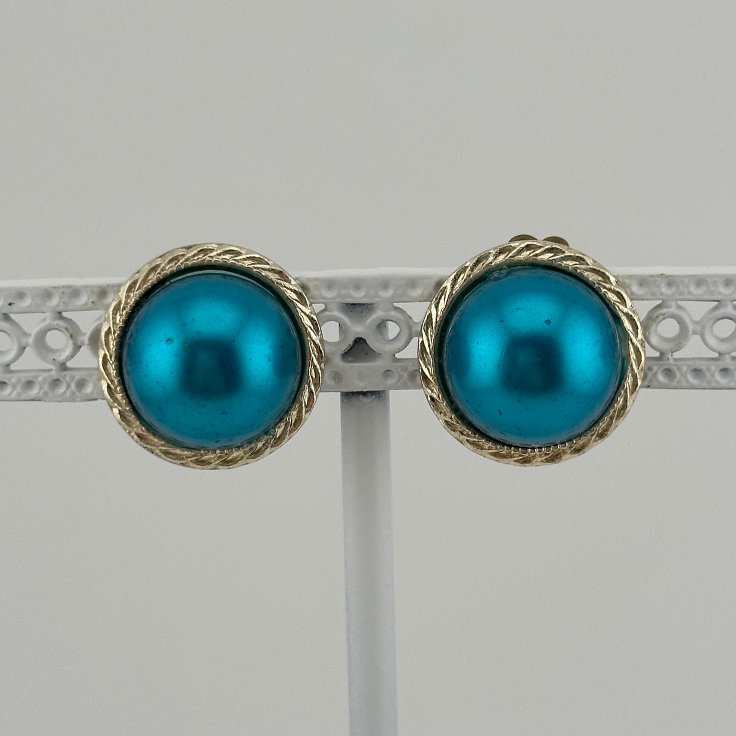 Vintage Clip-On Plastic Earrings, Turquoise with Silver Back, Made in Japan.