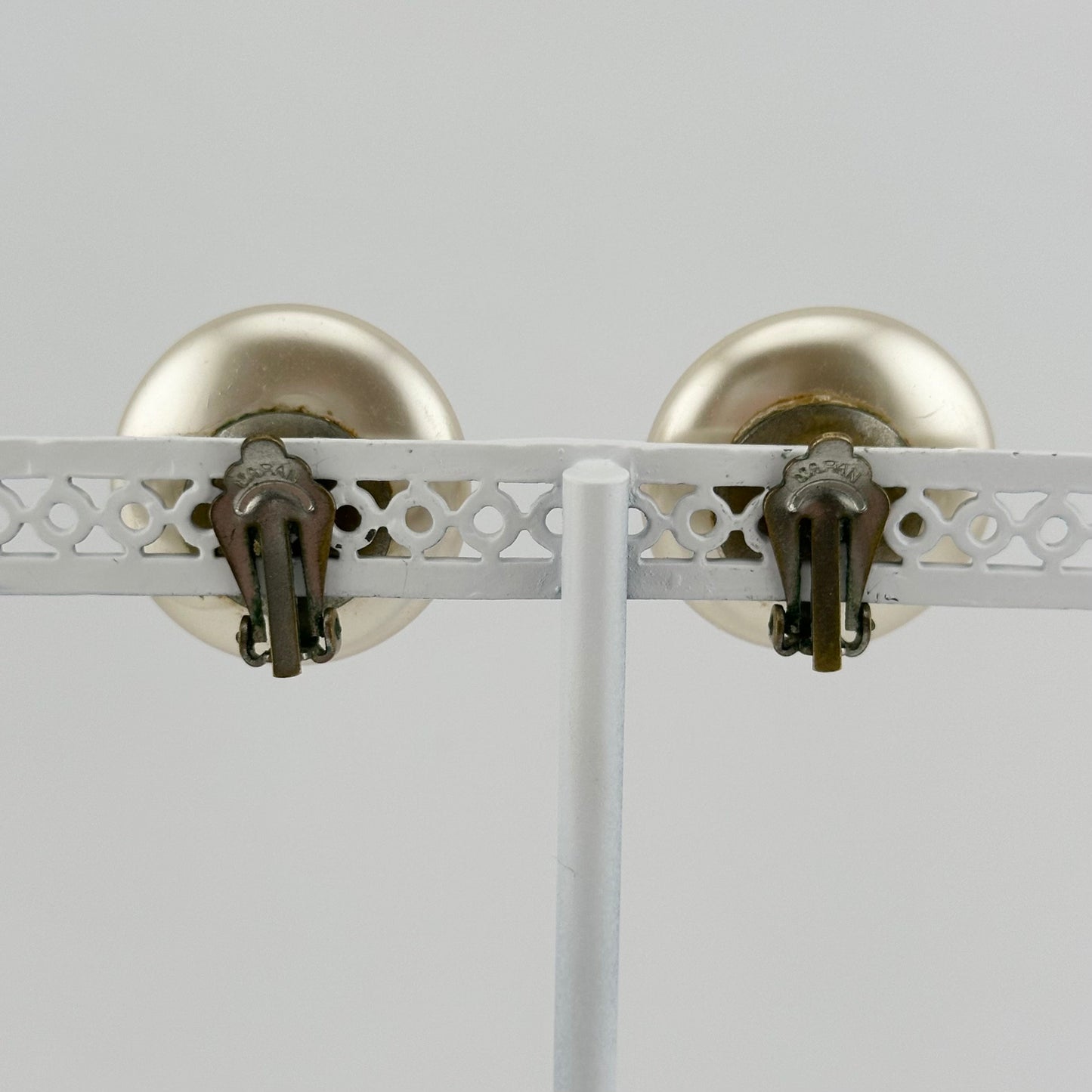 Vintage Clip-On Plastic Earrings, Iridescent White, Made in Japan.