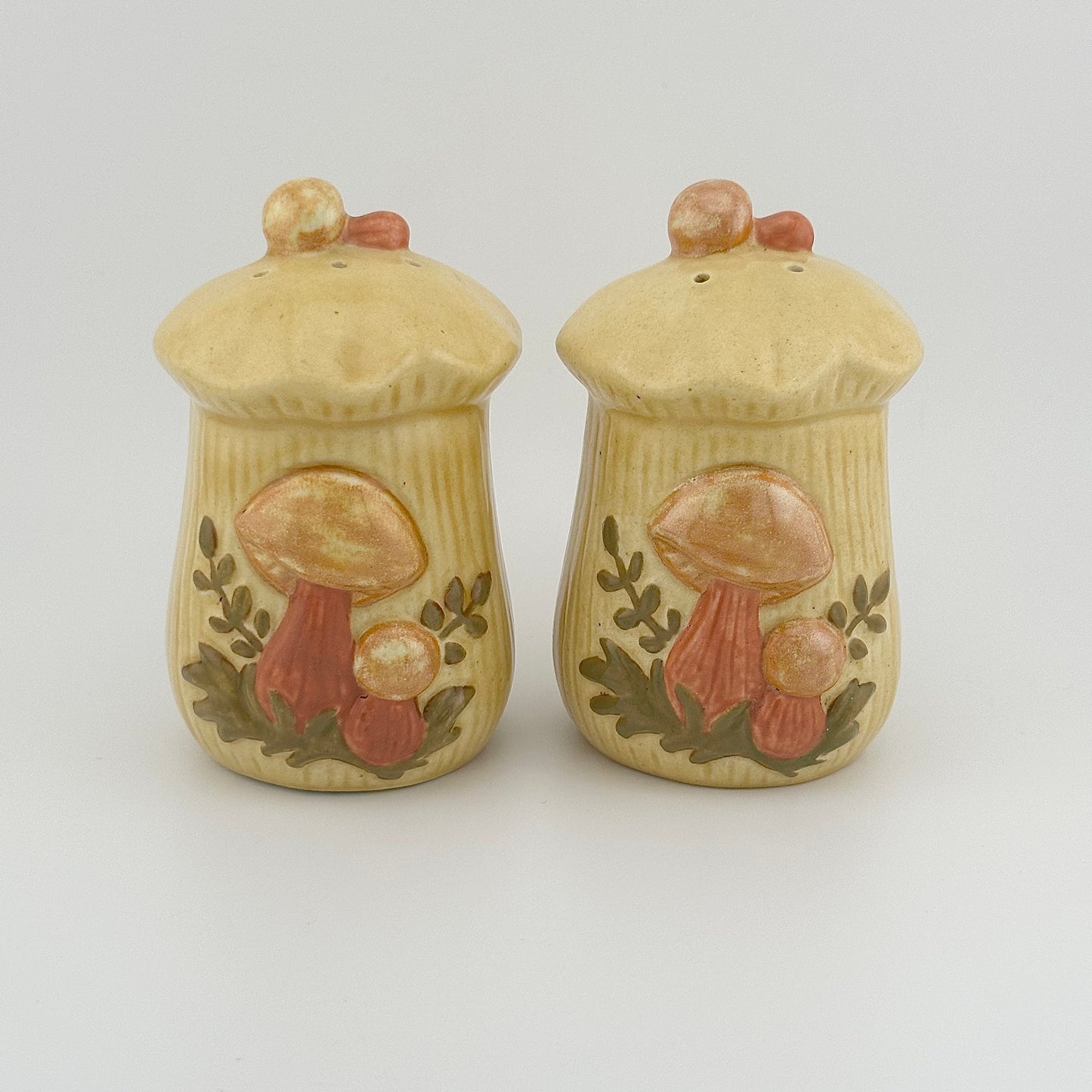 Vintage Ceramic Salt and Pepper Shakers, Mushrooms Signed RB, 1977.