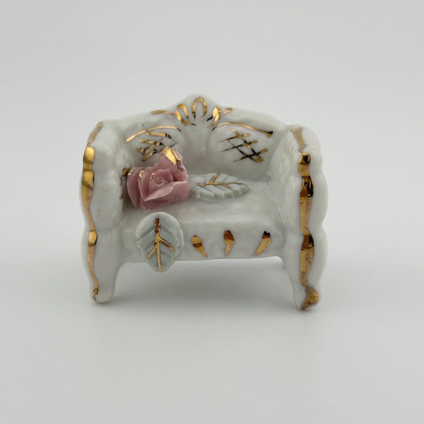 Vintage Miniatures, Porcelain Couch with Gold Accents and Pink Rose, Made in Japan.