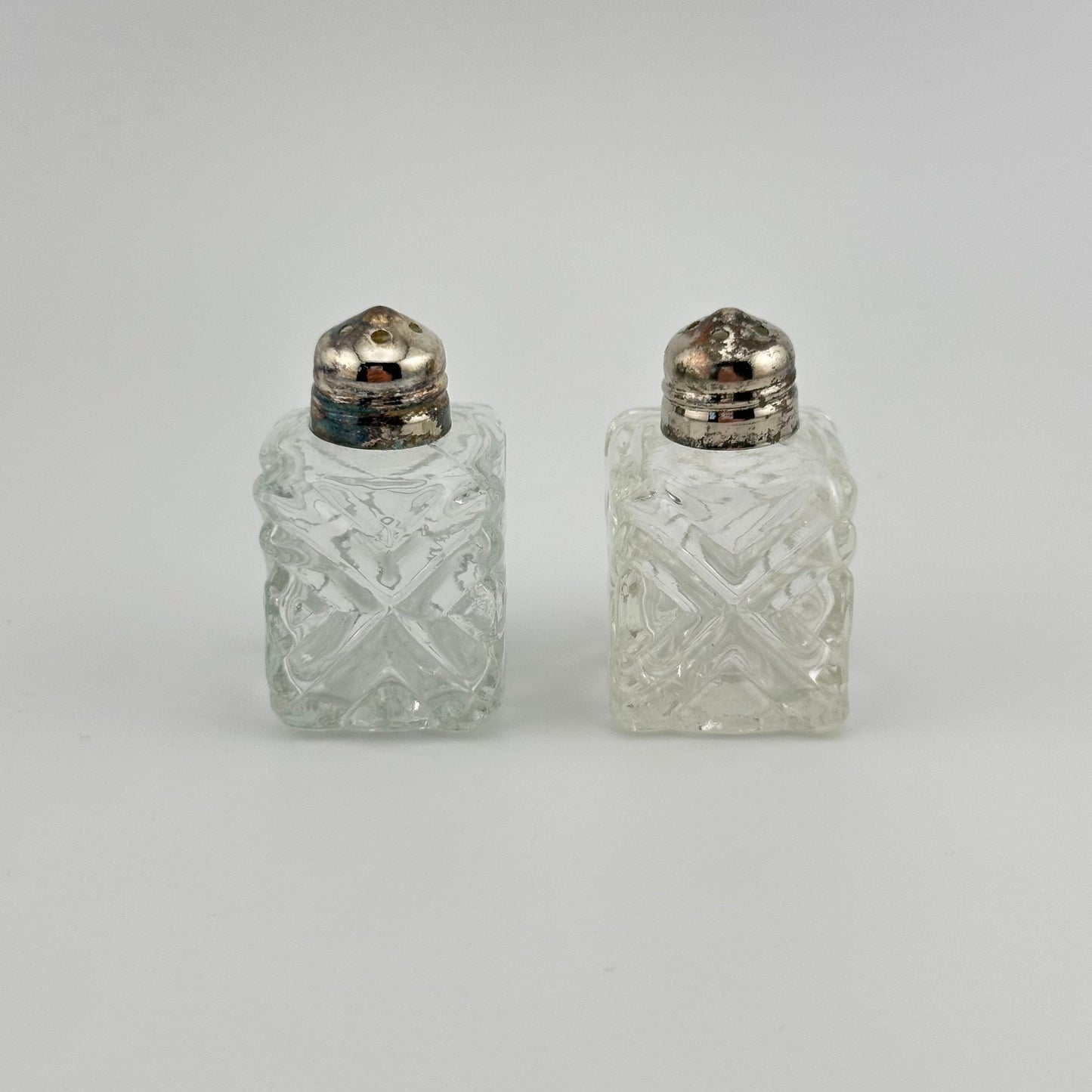 Vintage Salt and Pepper Shaker Set, Square Pressed Glass with Chrome Lid.