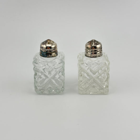 Vintage Salt and Pepper Shaker Set, Square Pressed Glass with Chrome Lid.