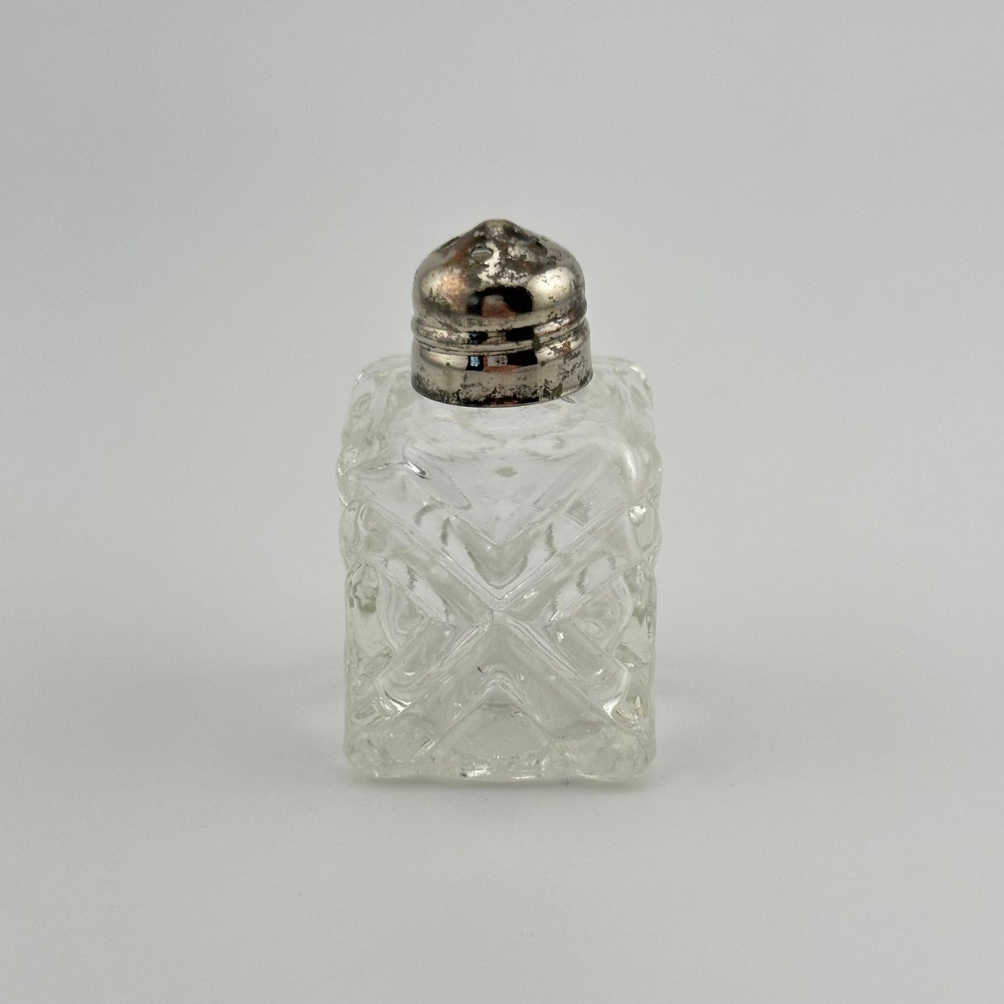 Vintage Salt and Pepper Shaker Set, Square Pressed Glass with Chrome Lid.