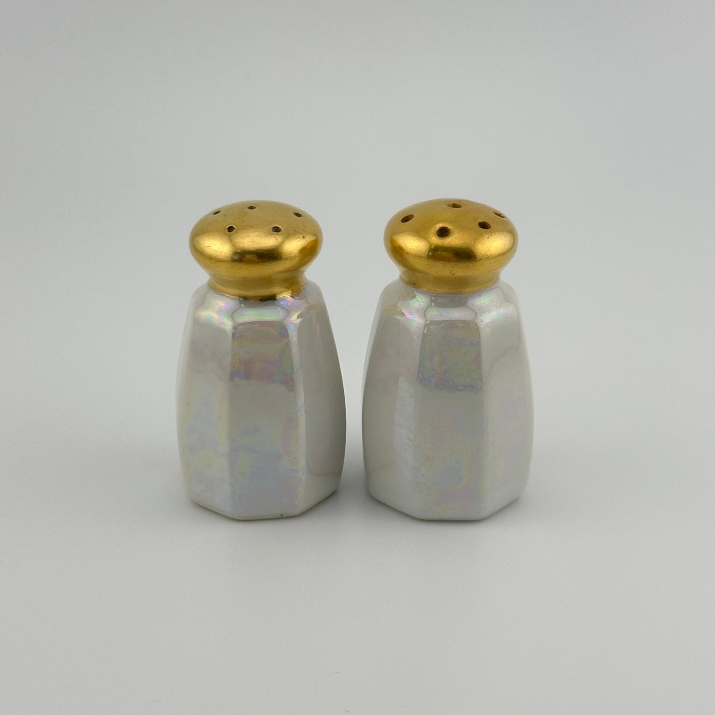 Vintage Salt and Pepper Shakers, Opalescent White with Gold Tops, Made in Japan.