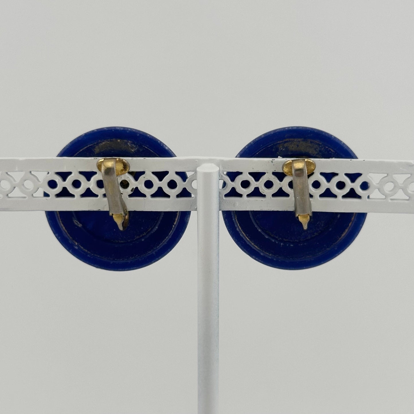 Vintage Plastic Clip-On Earrings, Dark Blue with Gold-Tone Back.