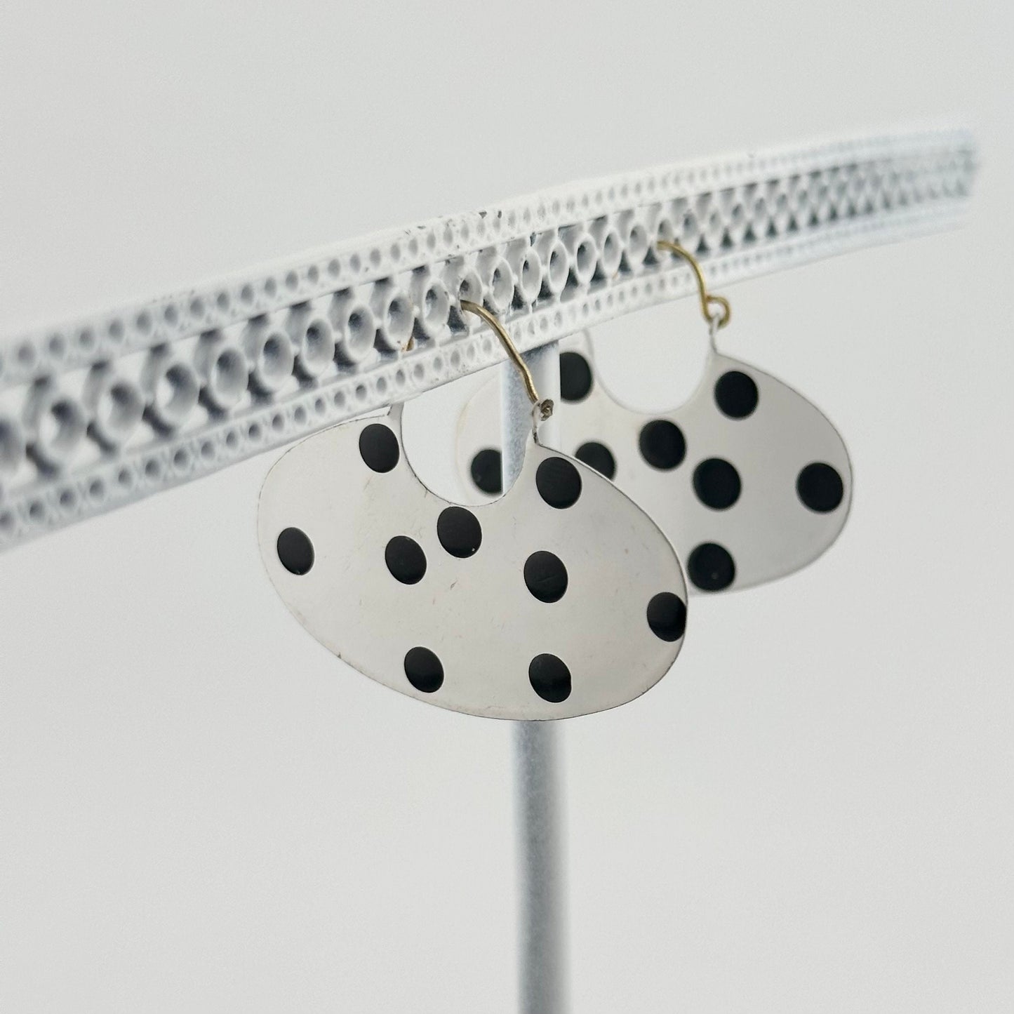Vintage Hanging Metal Earrings, White Ovals with Black Polka Dots.
