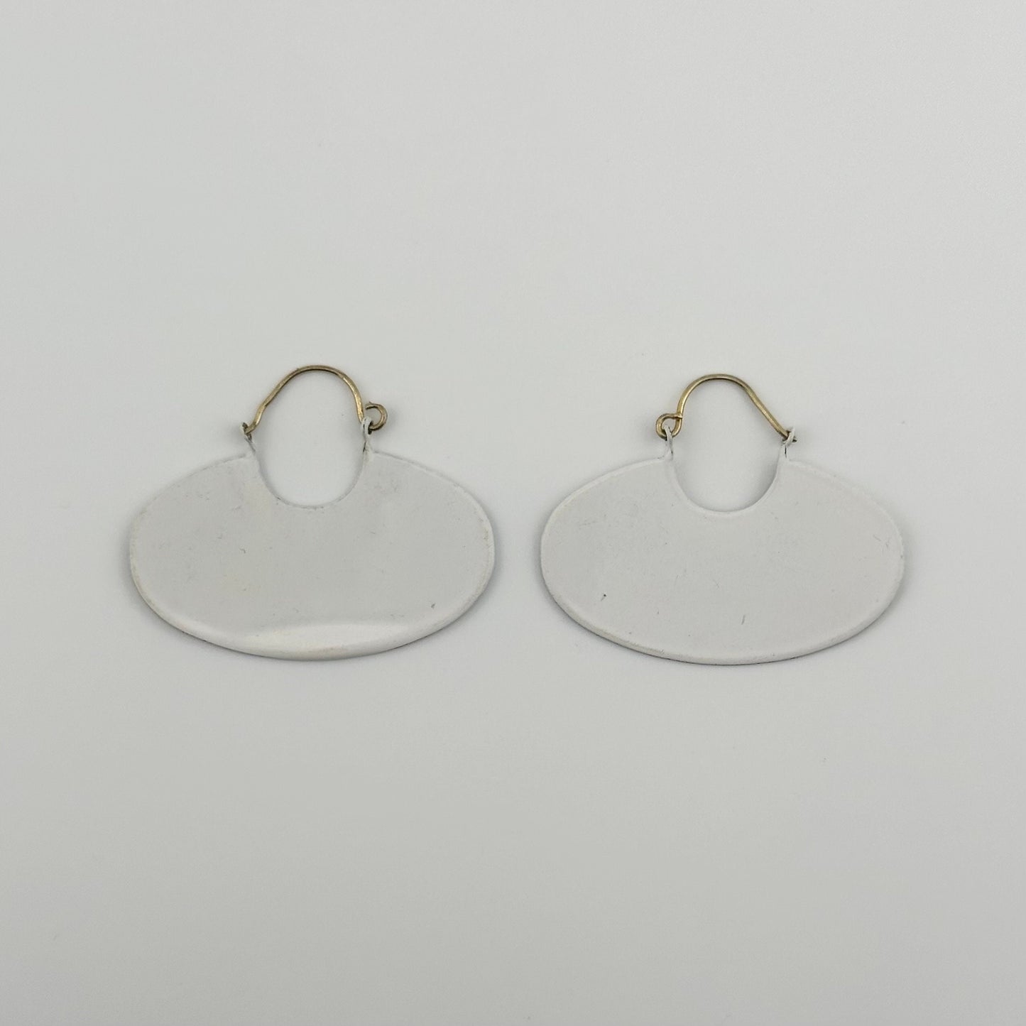 Vintage Hanging Metal Earrings, White Ovals with Black Polka Dots.