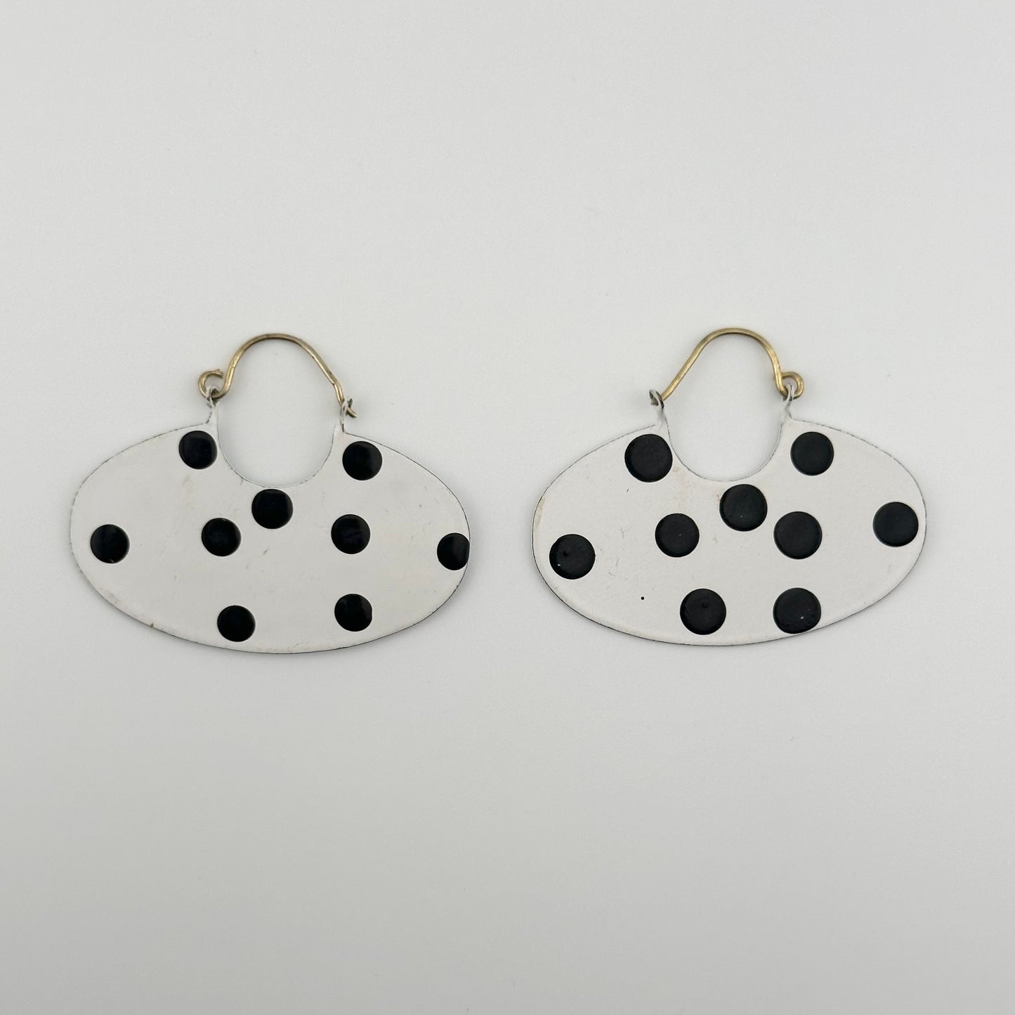 Vintage Hanging Metal Earrings, White Ovals with Black Polka Dots.
