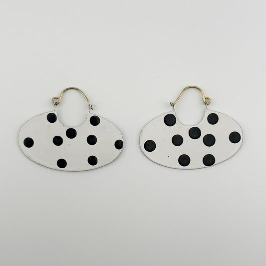 Vintage Hanging Metal Earrings, White Ovals with Black Polka Dots.