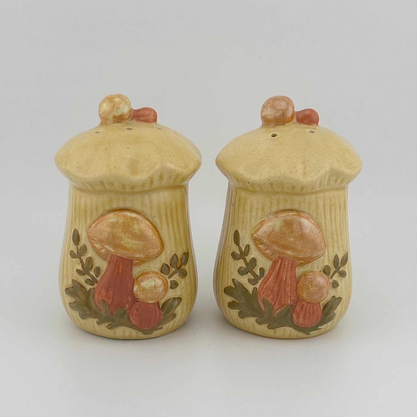 Vintage Ceramic Salt and Pepper Shakers, Mushrooms Signed RB, 1977.