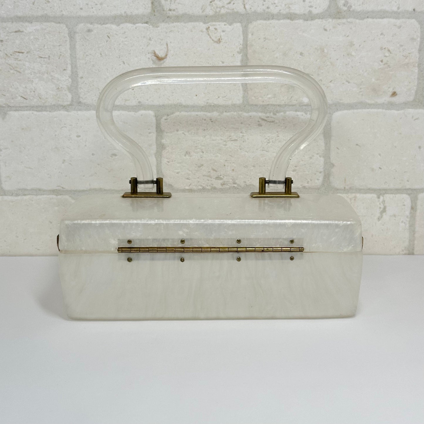 Vintage 1950s Pearl Lucite Handbag: Dorset Rex Brass Trim Purse
