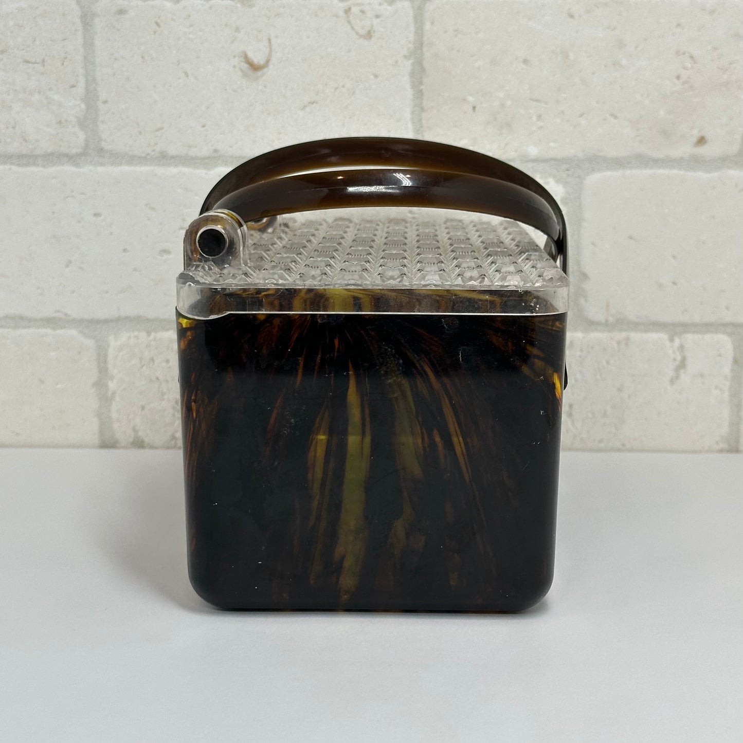 Vintage Tortoise Shell Lucite Handbag with Clear Diamond Pattern Top, 1960s.