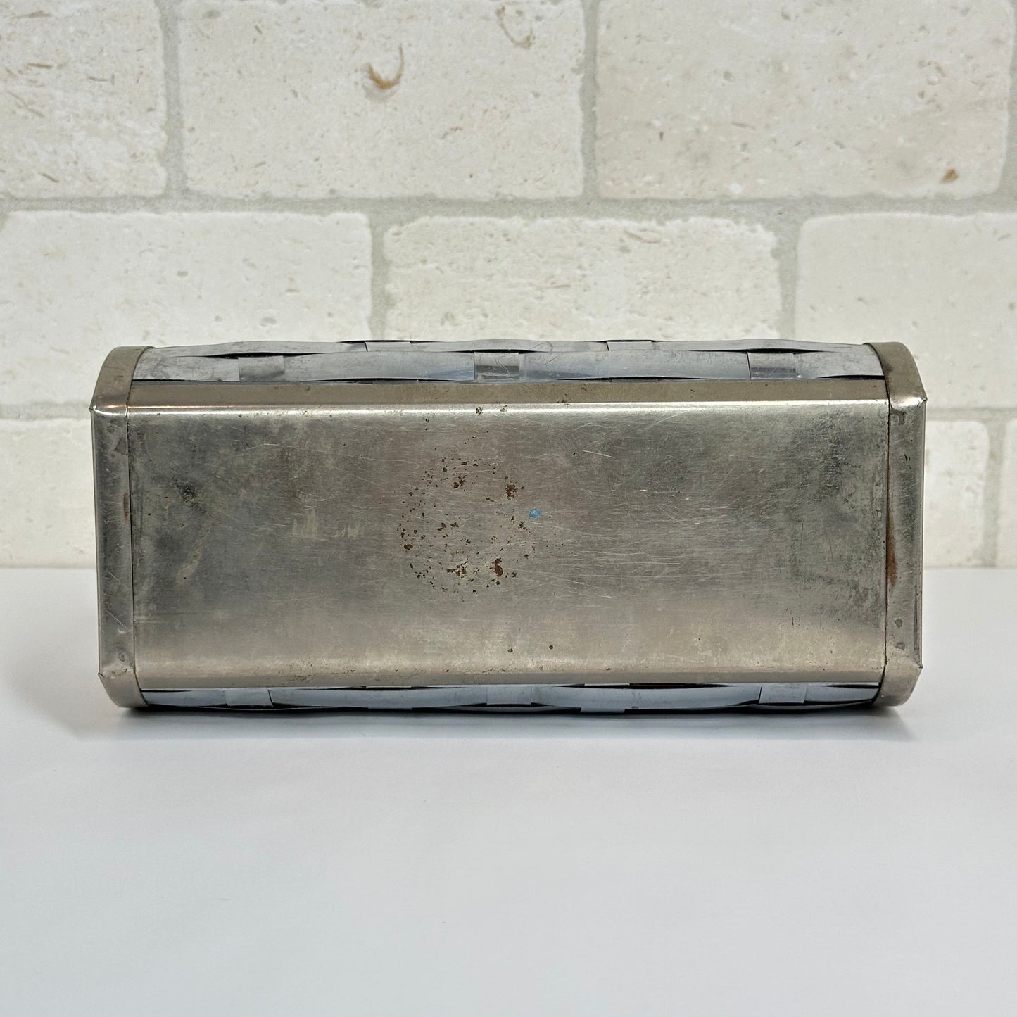 Vintage Silver Basketweave Metal Purse with Lucite Handle and Red Interior.