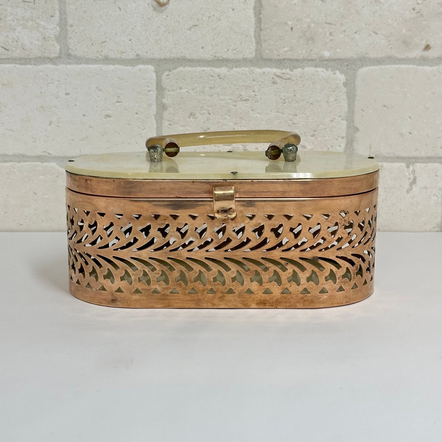 Vintage Brass Oval Bag With Filigree Design & Lucite Handle from 1950s