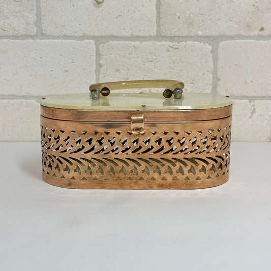 Vintage Brass Oval Bag With Filigree Design & Lucite Handle from 1950s