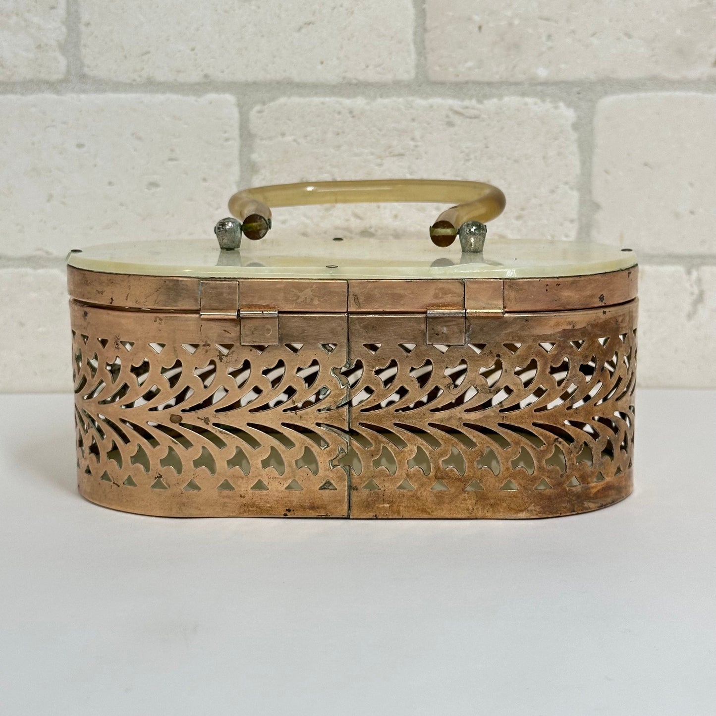 Vintage Brass Oval Bag With Filigree Design & Lucite Handle from 1950s