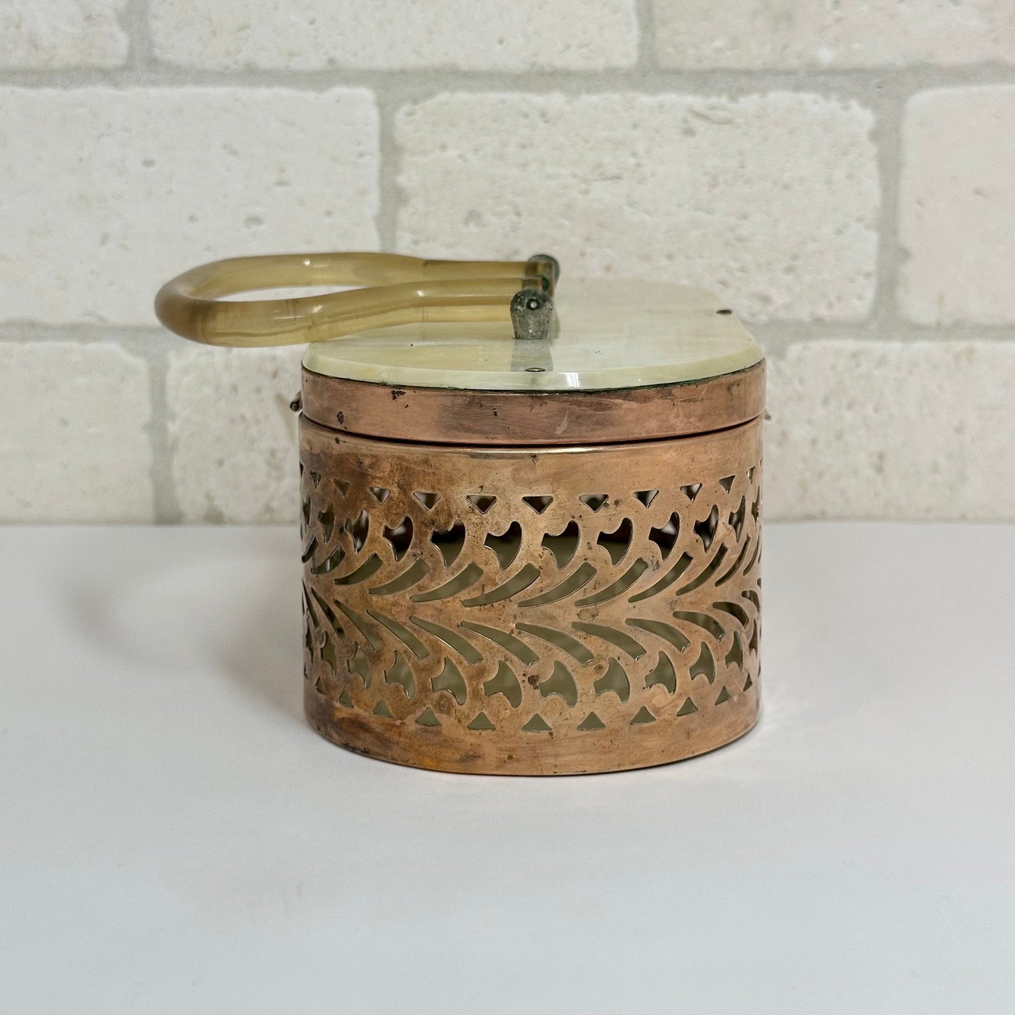 Vintage Brass Oval Bag With Filigree Design & Lucite Handle from 1950s
