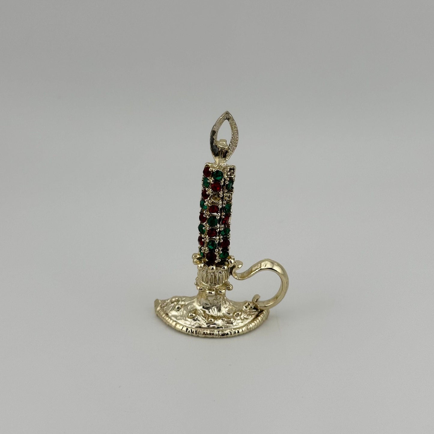 Vintage Candlestick Brooch, Red and Green Rhinestones, Gold Tone, Made by Dodde.