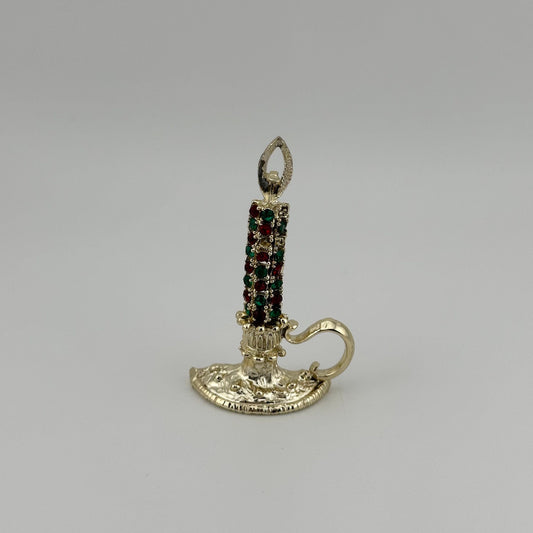 Vintage Candlestick Brooch, Red and Green Rhinestones, Gold Tone, Made by Dodde.