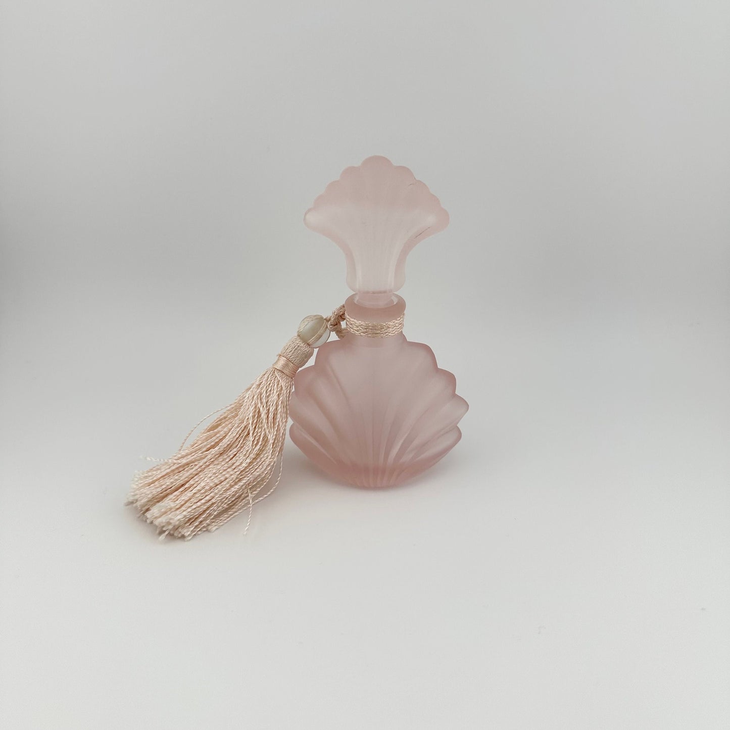 Vintage Perfume Bottle, Pink Frosted Glass, Seashell Style with Pink Fringe.