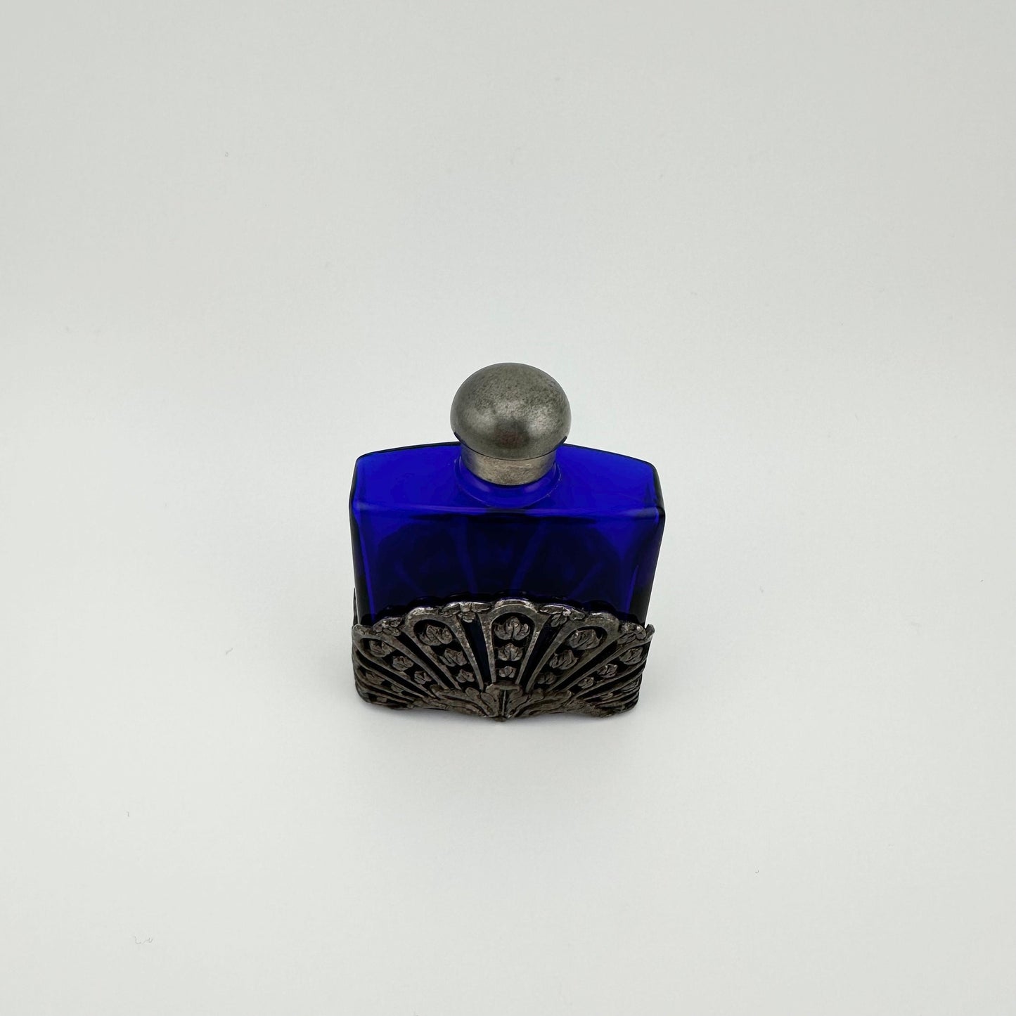 Vintage Perfume Bottle, Cobalt Blue Glass, Silver Filigree, First Impressions, Art Nouveau.