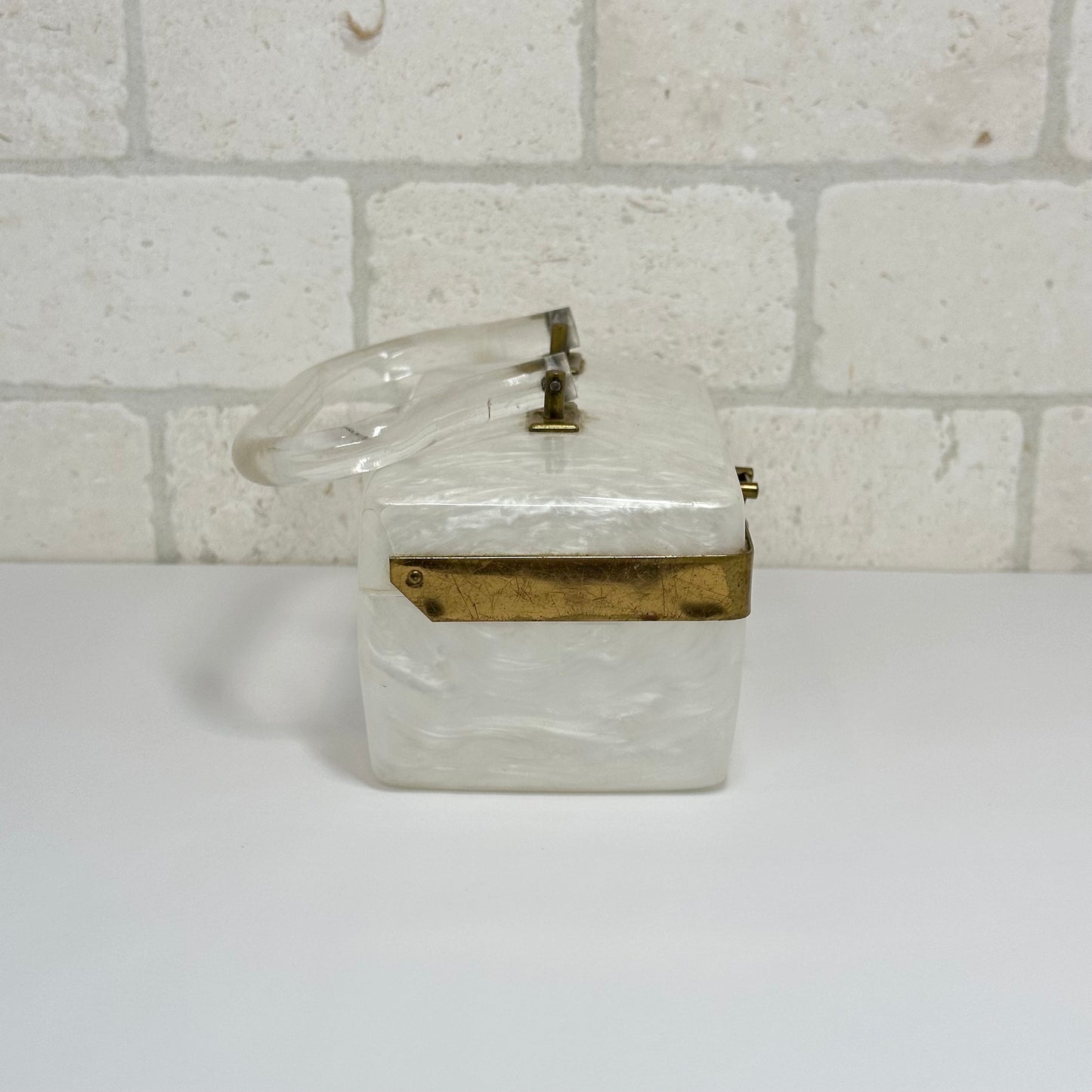 Vintage 1950s Pearl Lucite Handbag: Dorset Rex Brass Trim Purse