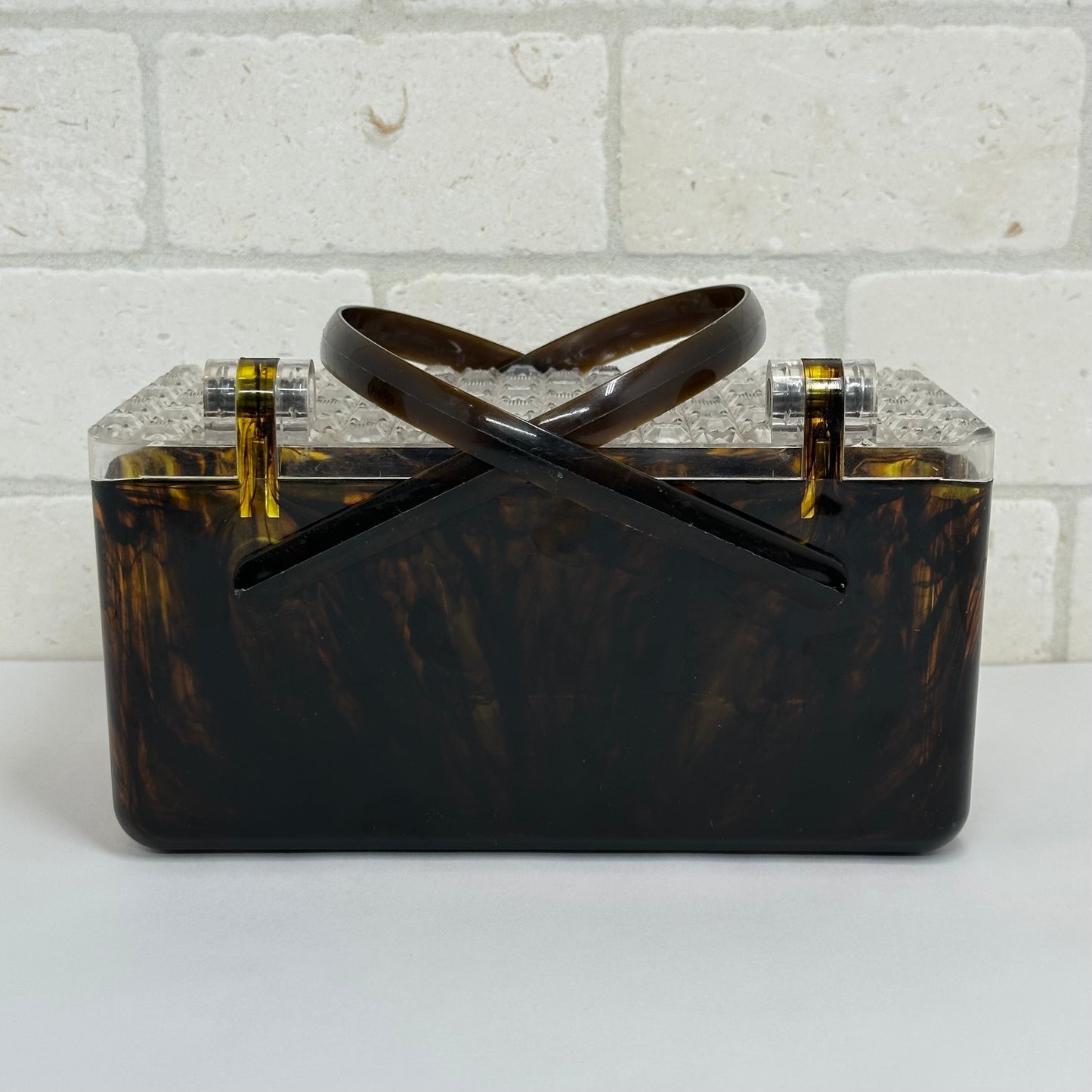 Vintage Tortoise Shell Lucite Handbag with Clear Diamond Pattern Top, 1960s.