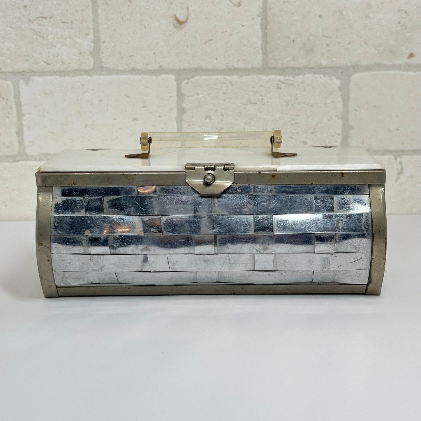 Vintage Silver Basketweave Metal Purse with Lucite Handle and Red Interior.