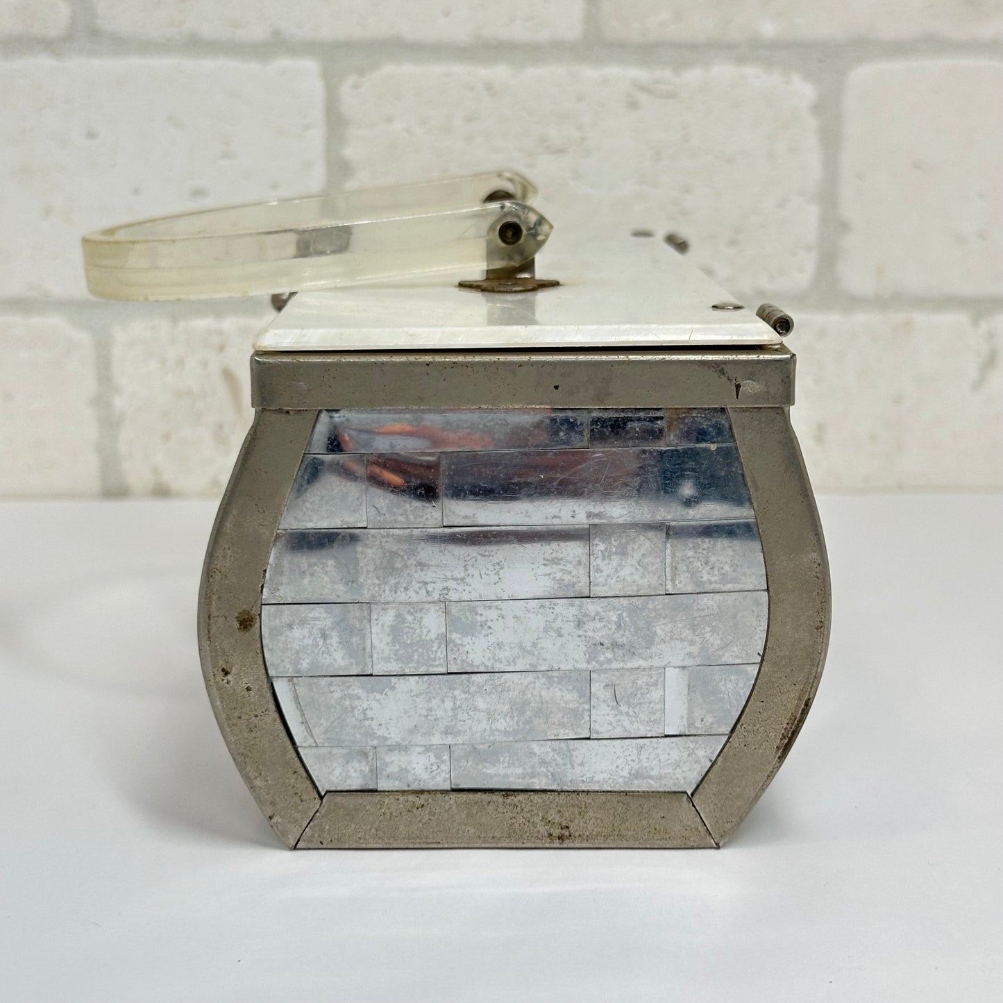 Vintage Silver Basketweave Metal Purse with Lucite Handle and Red Interior.
