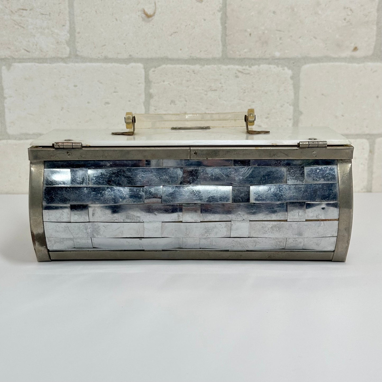 Vintage Silver Basketweave Metal Purse with Lucite Handle and Red Interior.