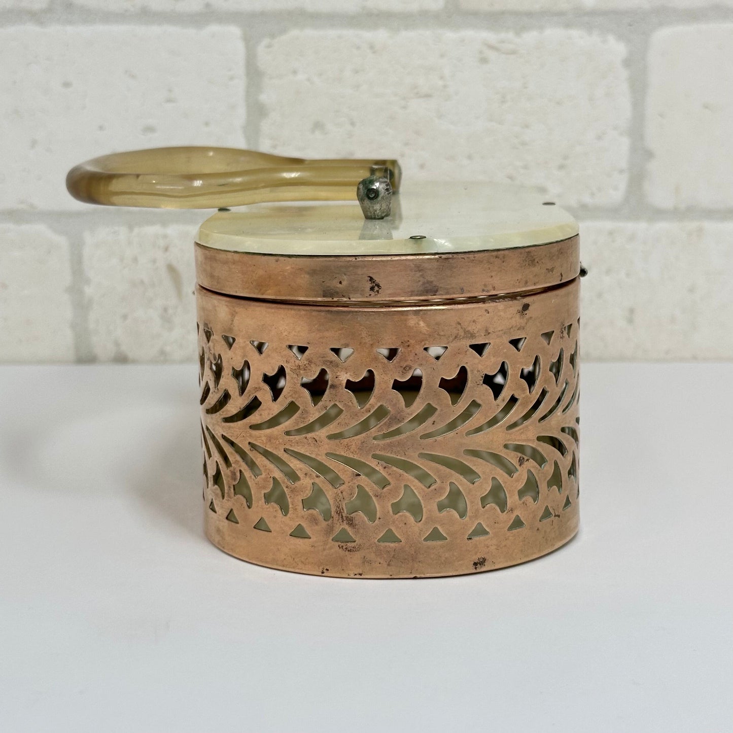 Vintage Brass Oval Bag With Filigree Design & Lucite Handle from 1950s